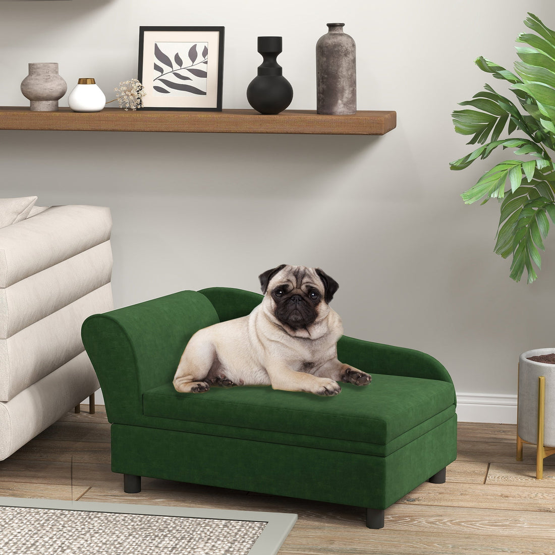 Dog relaxing on elevated luxury dog sofa — WagWondersPro