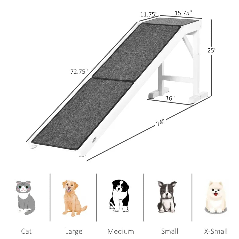 Dog ramp with dimensions and size chart for cats, large, medium, small, and x-small dogs on a white background.