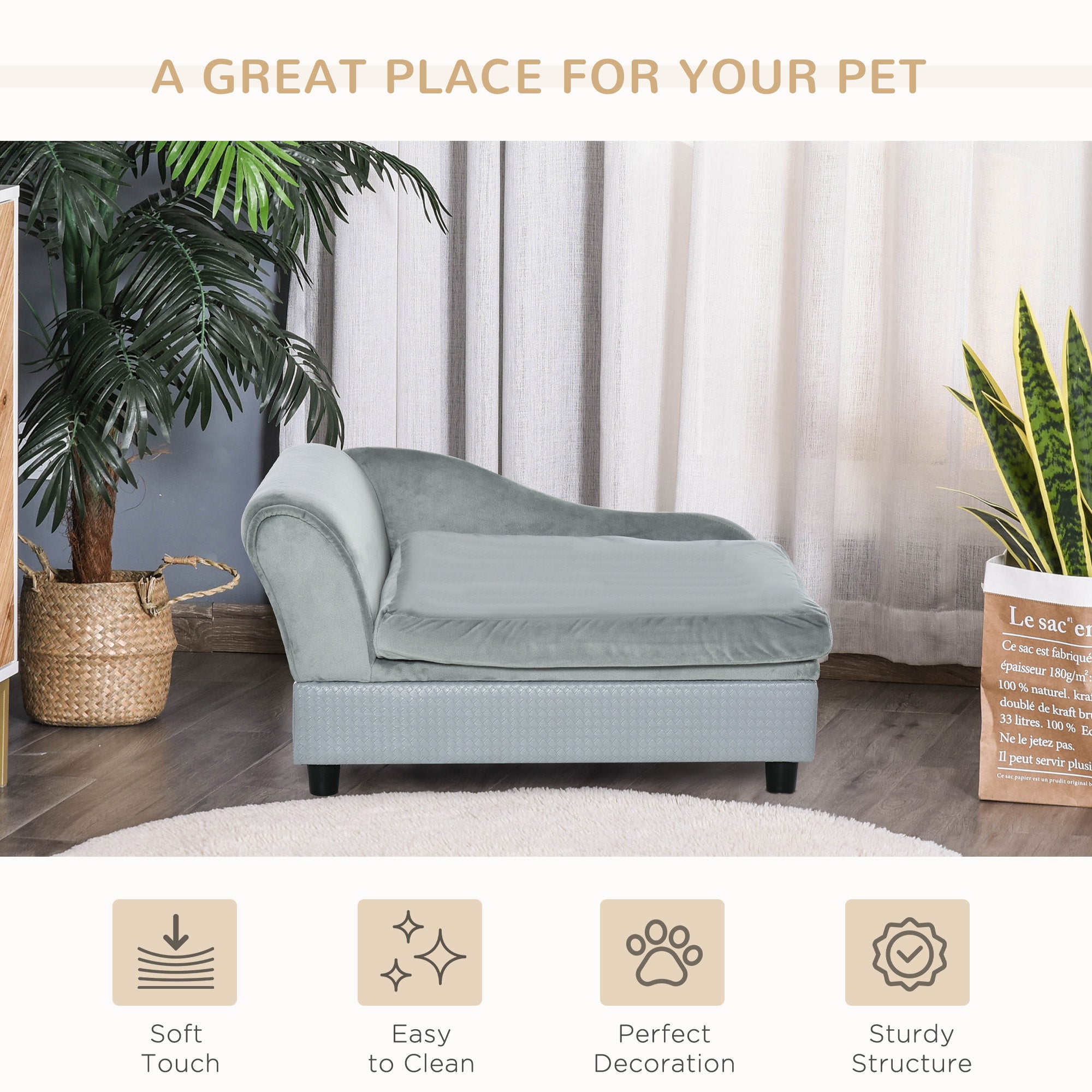 Pet-friendly living room with a light blue pet bed, plants, and text about pet comfort.