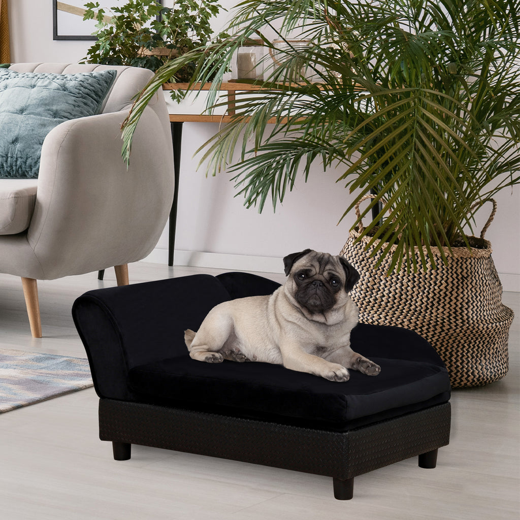 Pug lying on a black pet bed in a cozy living room with a plant and sofa.