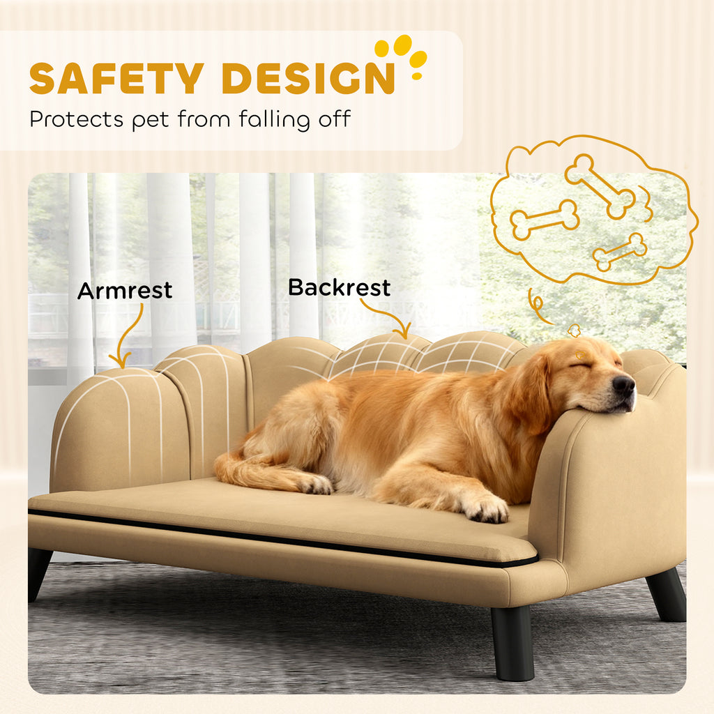 Dog lying on a pet sofa with safety design features highlighted