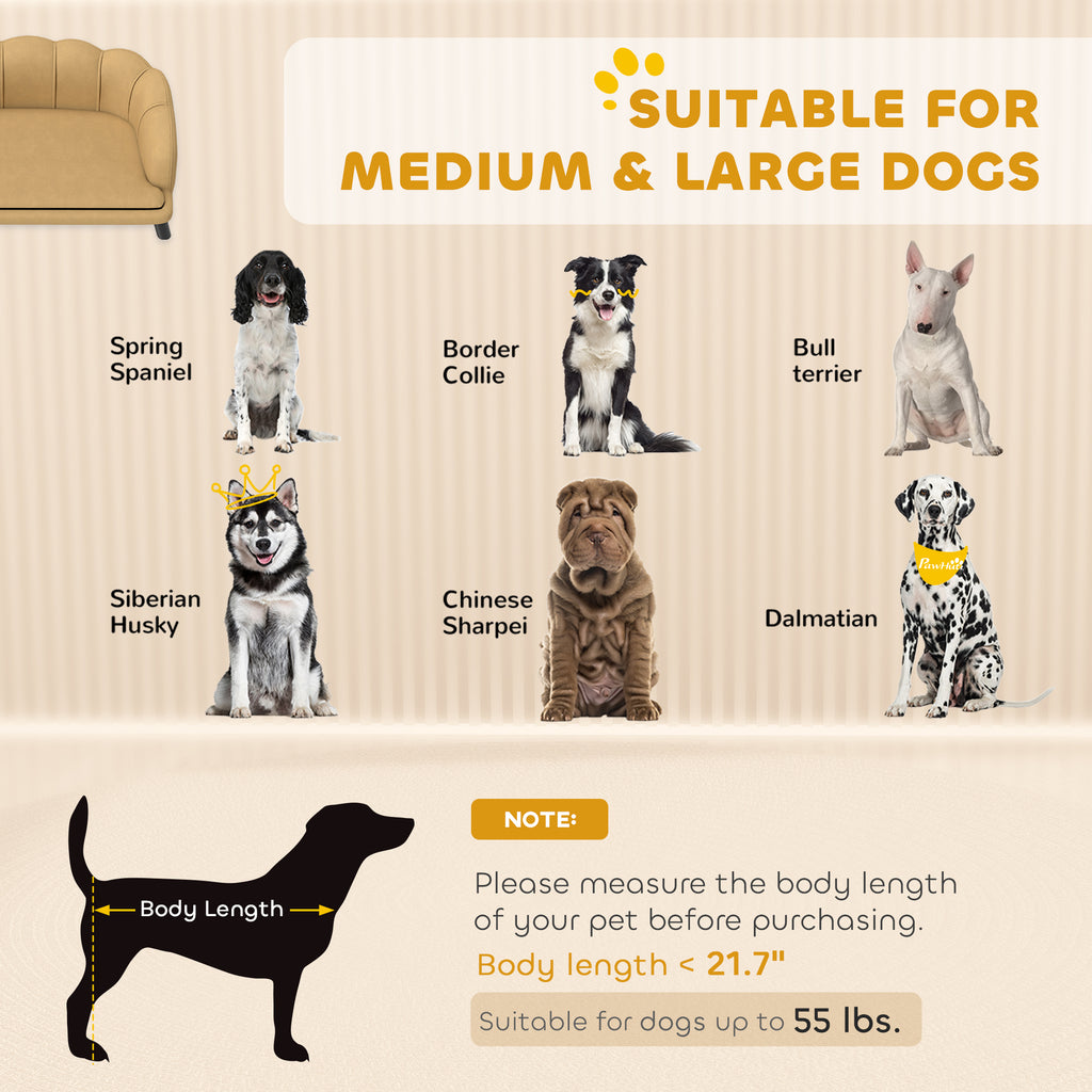 Chart showing dogs suitable for medium and large dog furniture, with images of breeds and size guidelines.
