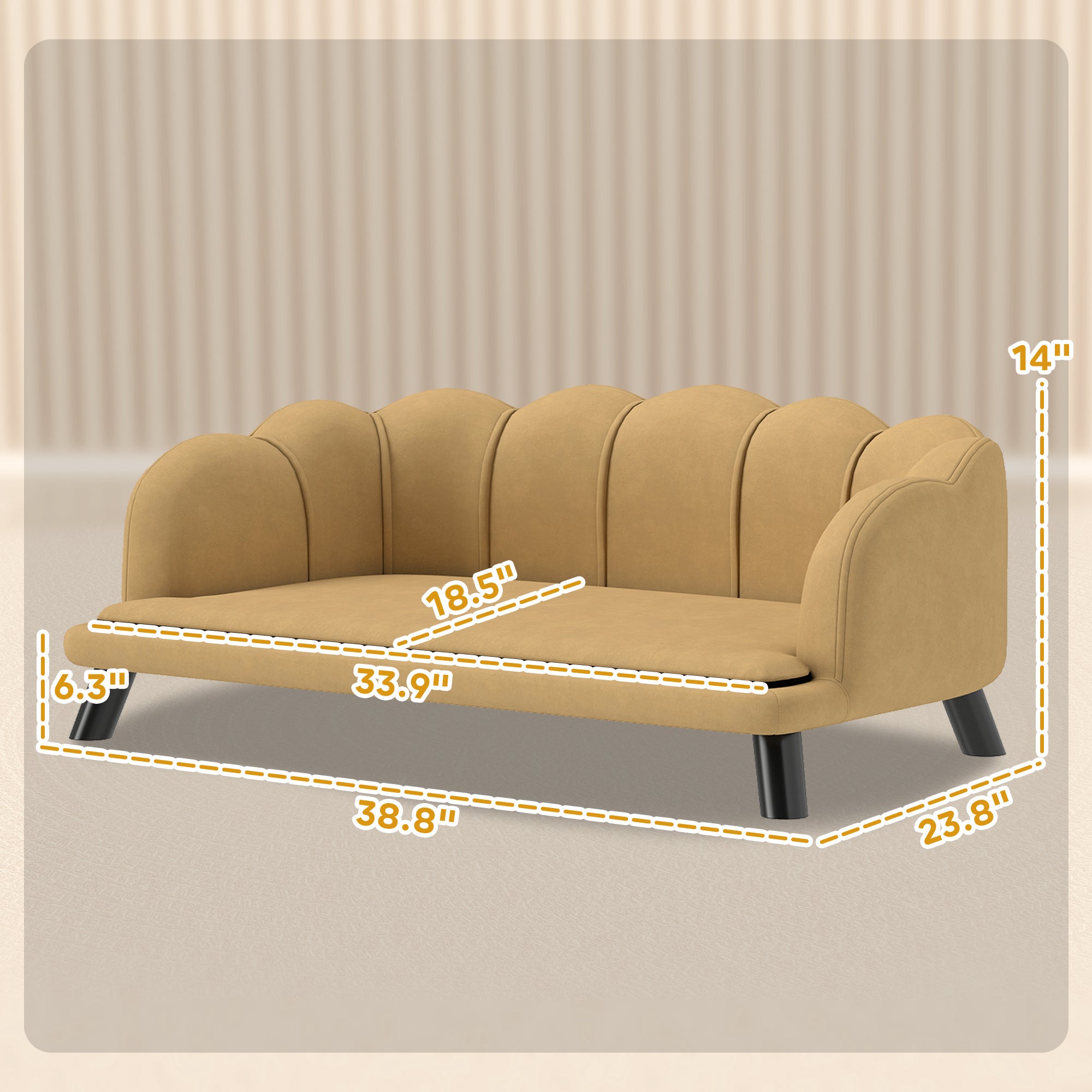Beige sofa with dimensions marked on a beige background
