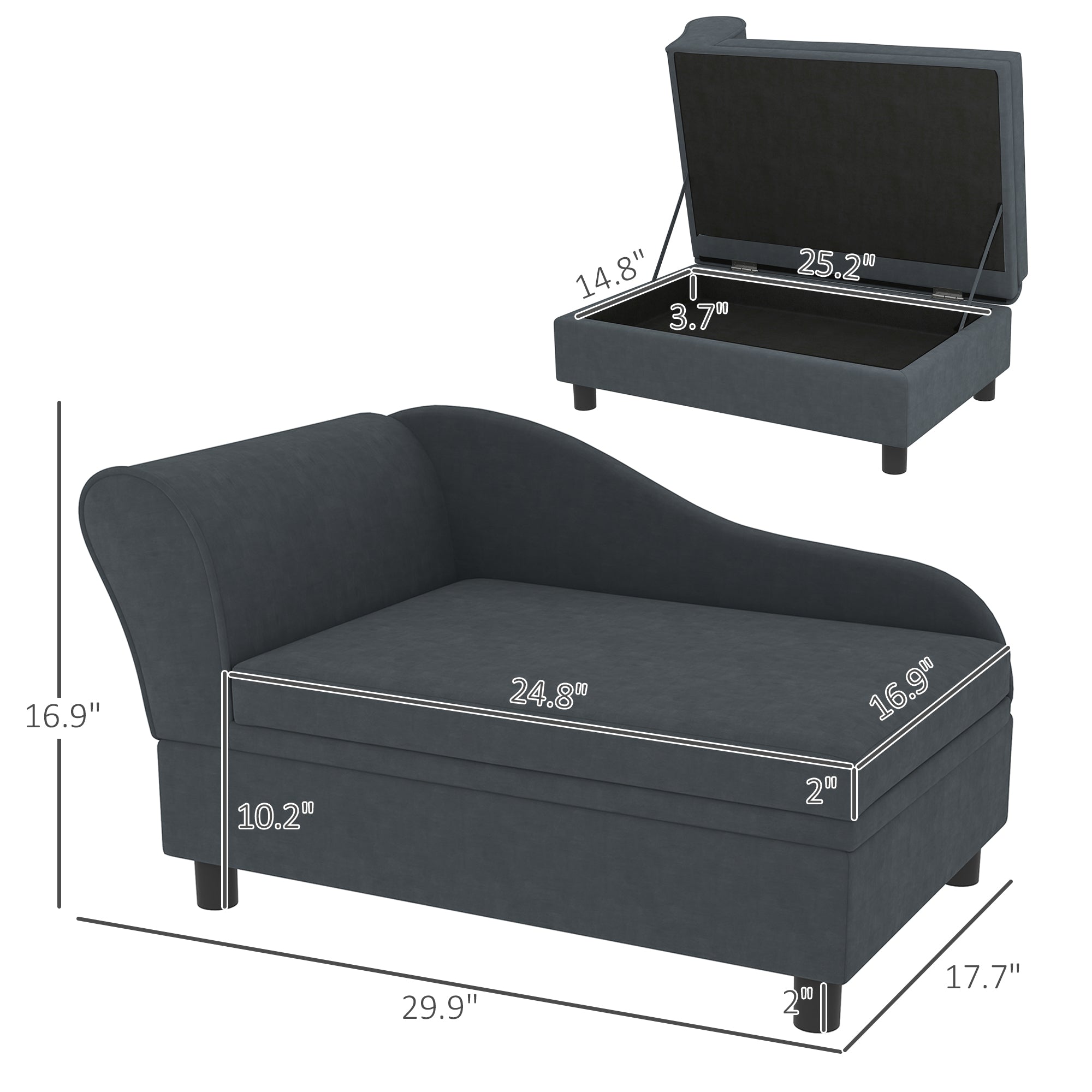 Black storage bench with dimensions indicated on a white background