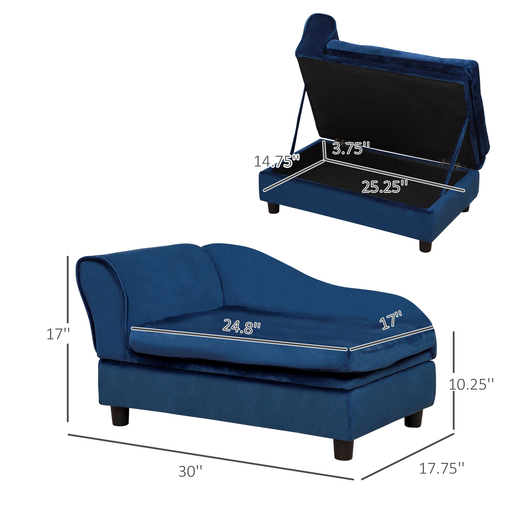 Blue pet bed with open lid showing dimensions on a white background