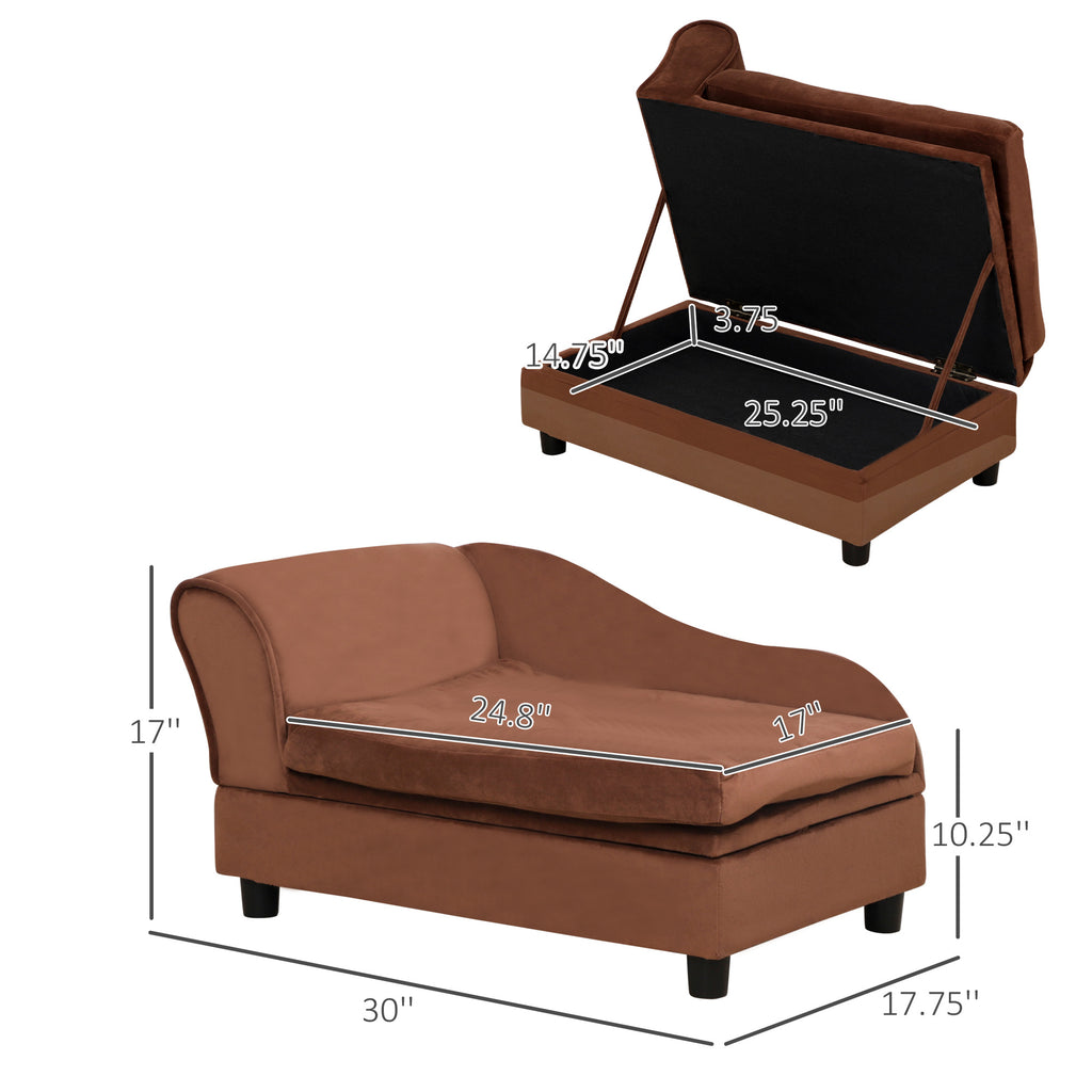 Brown chaise lounge with storage ottoman and measurements on a white background