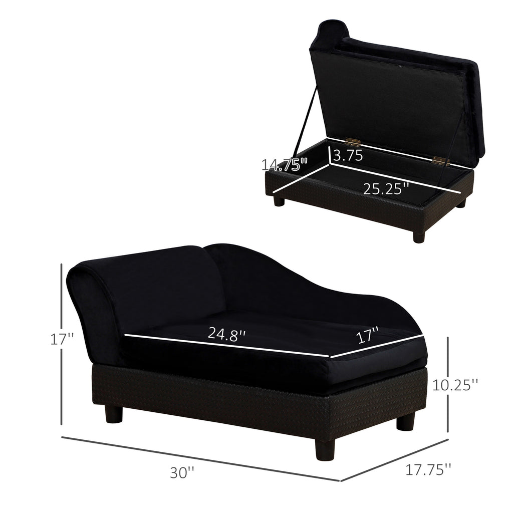 Black storage bench with dimensions labeled on a white background