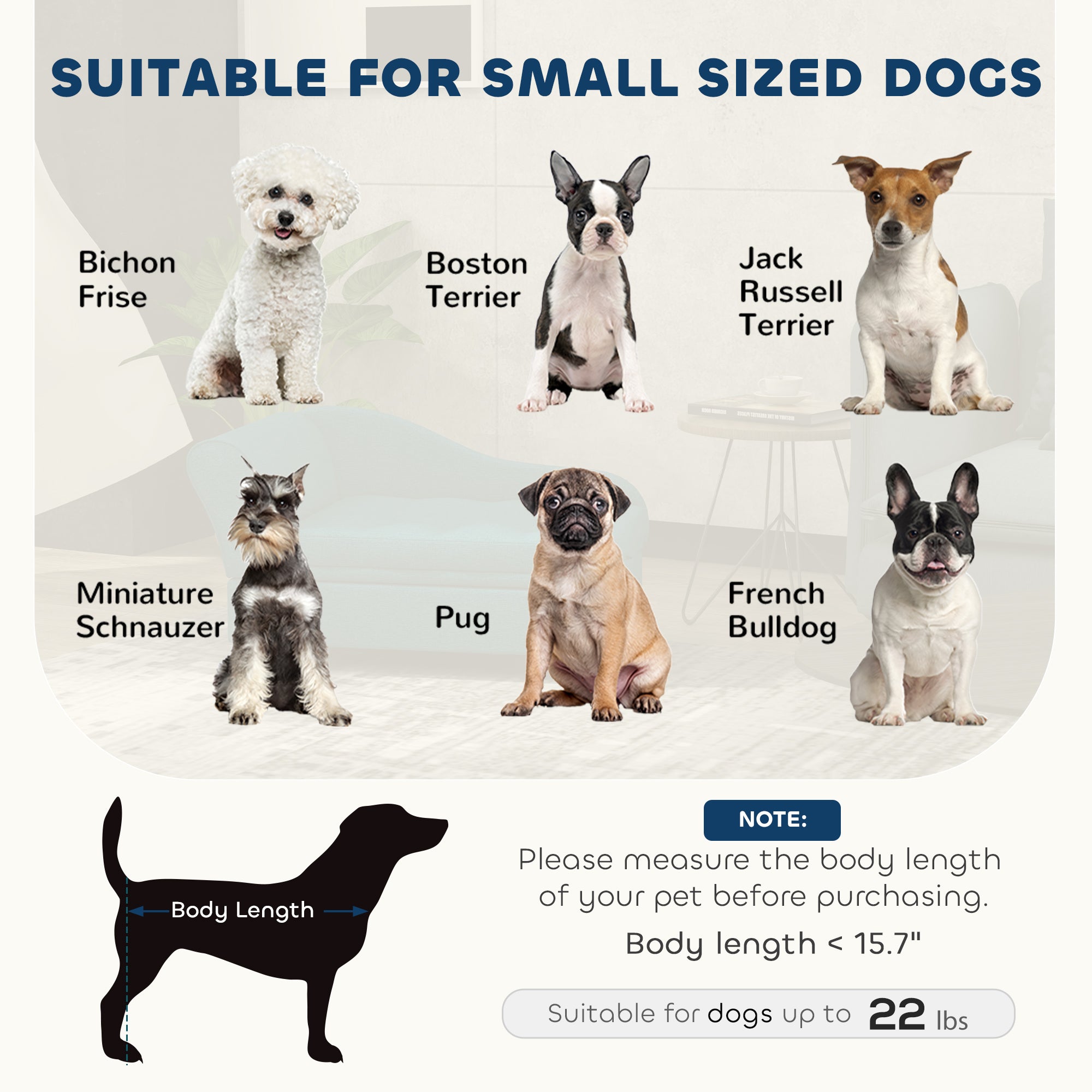 Illustration of small dog breeds suitable for a product, with labels and a note on body length measurement.