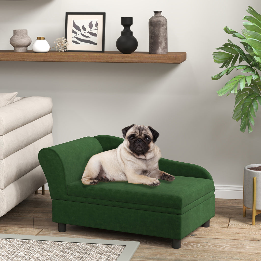 Green Voyager luxury dog sofa and dog bed with tufted cushion and arched armrest in a modern living room