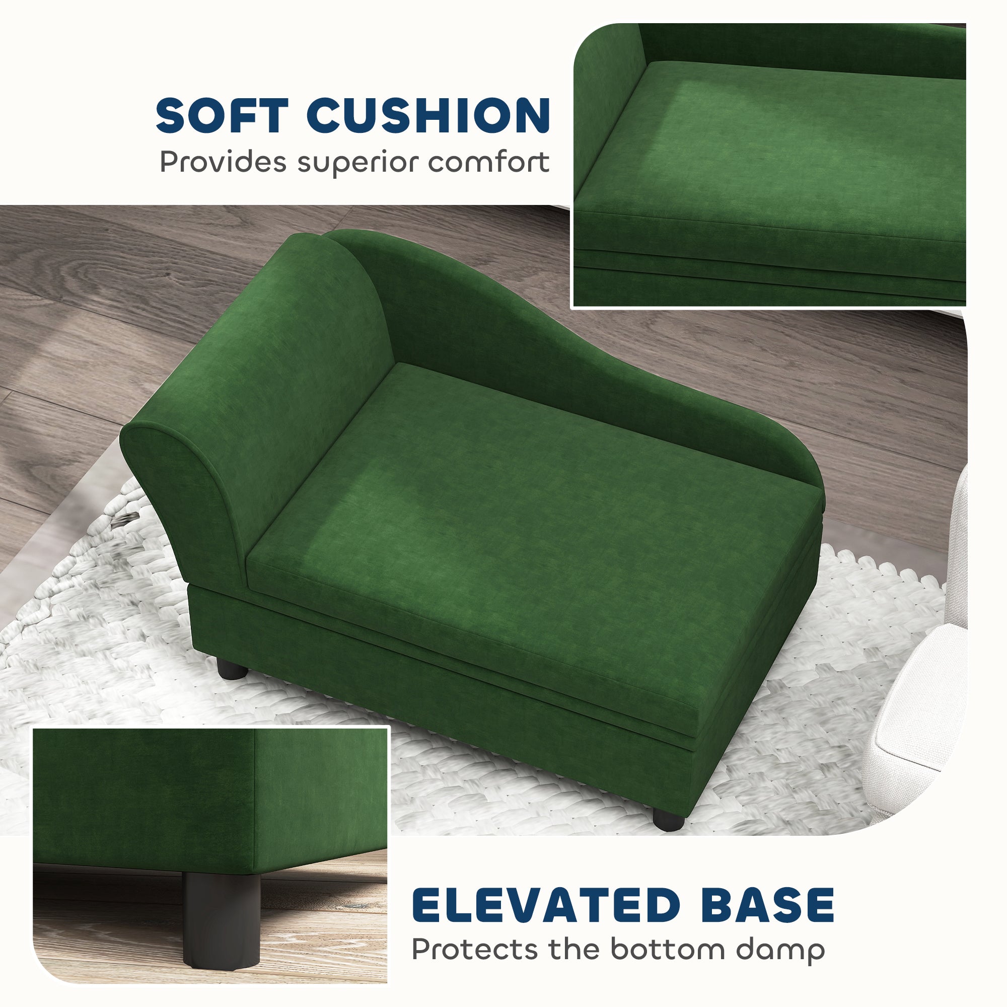 Green sofa with soft cushion and elevated base on a wooden floor.