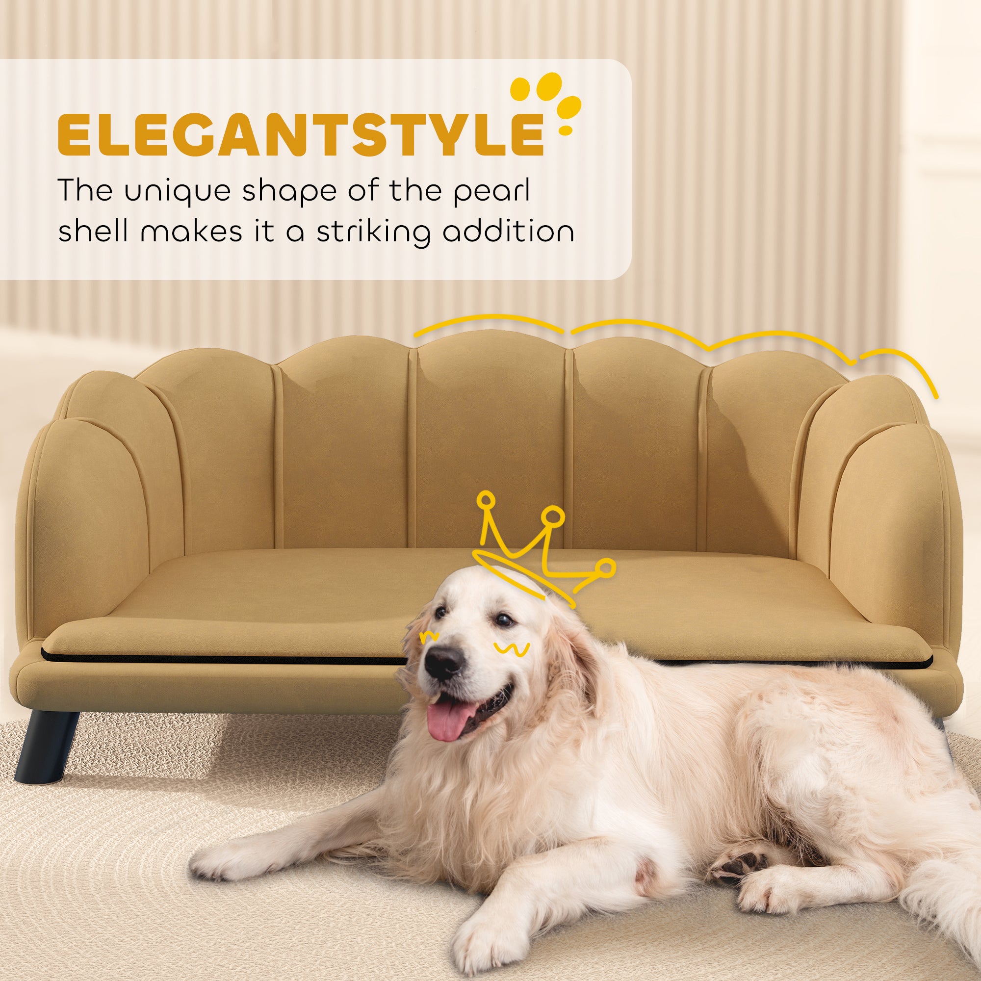 Dog lying on a beige sofa with 'ElegantStyle' text and dog icon above.