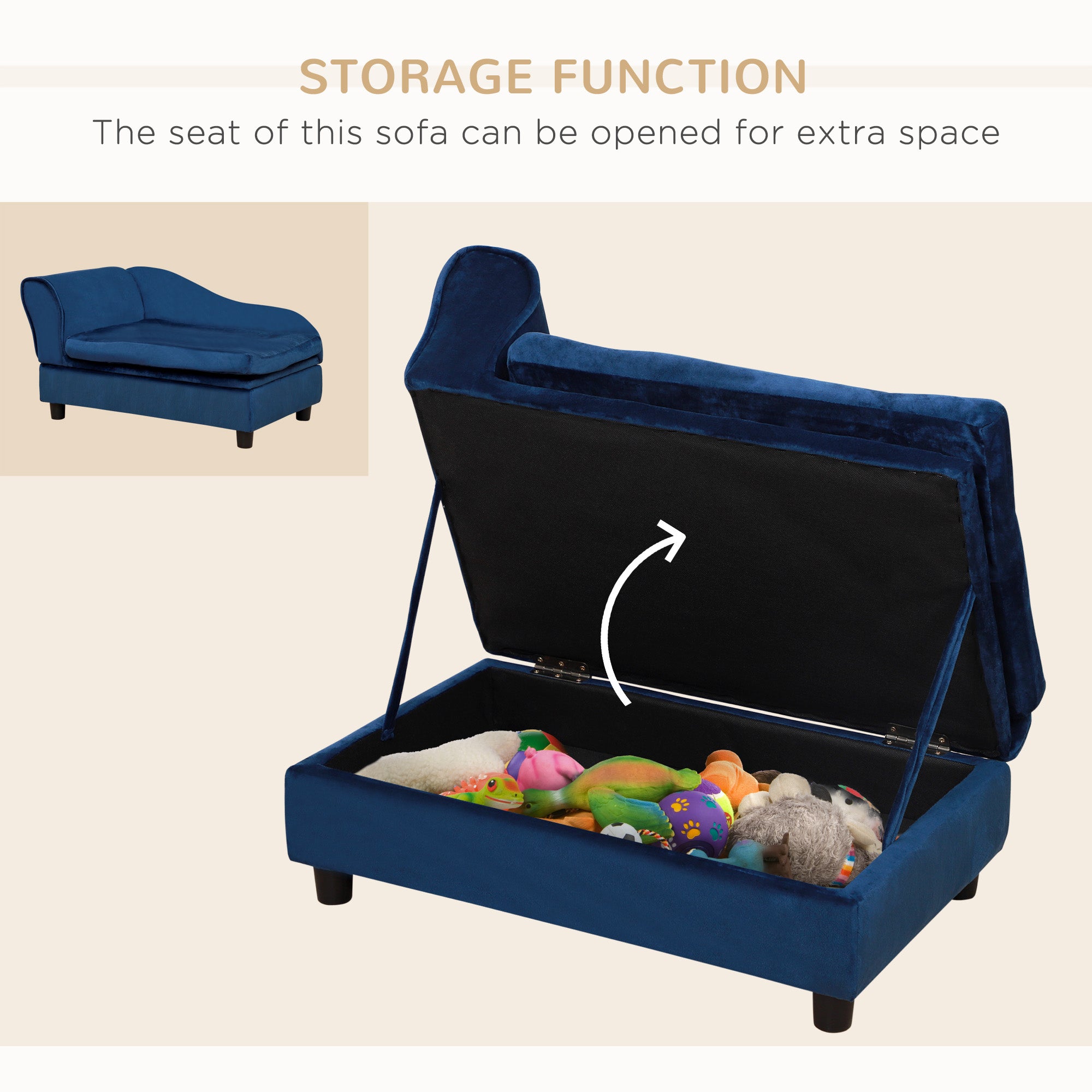 Blue storage sofa with toys inside, showing the open seat for extra space.