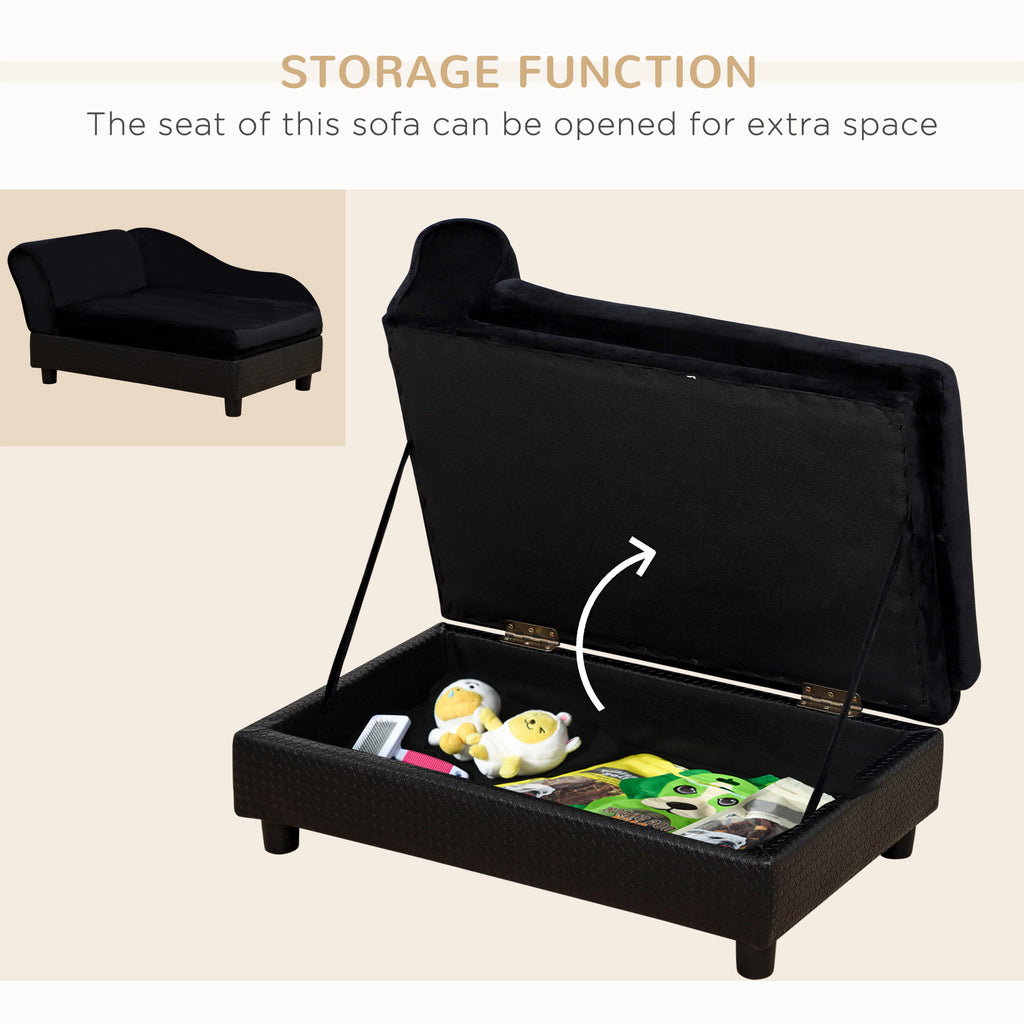 Black sofa with storage compartment open, showing toys and items on a beige background.