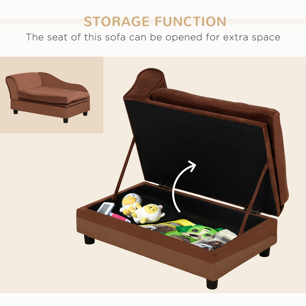 Brown sofa with storage compartment open, showing extra space.