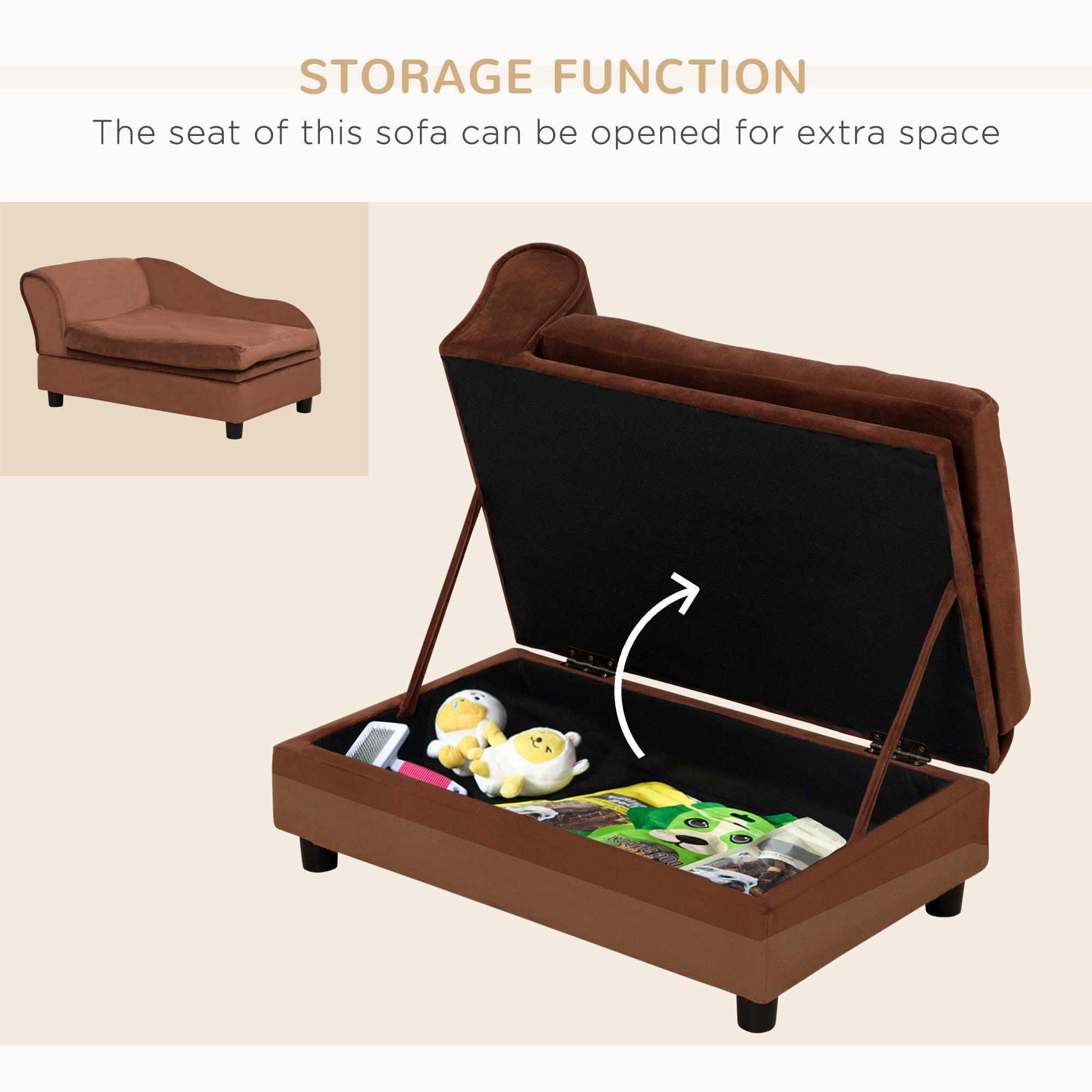 Brown sofa with storage compartment open, showing extra space.