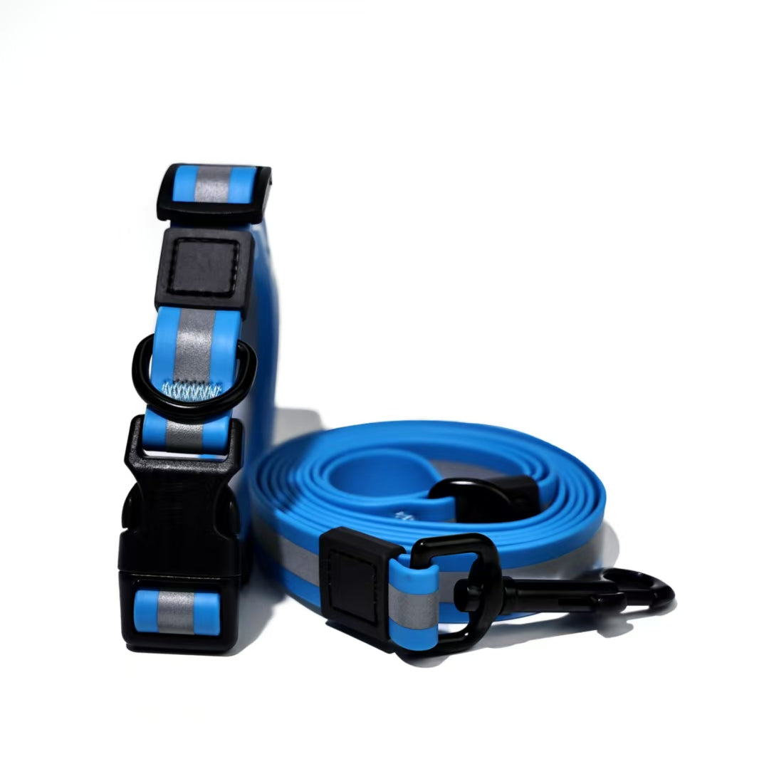 Blue dog collar and leash set on a white background