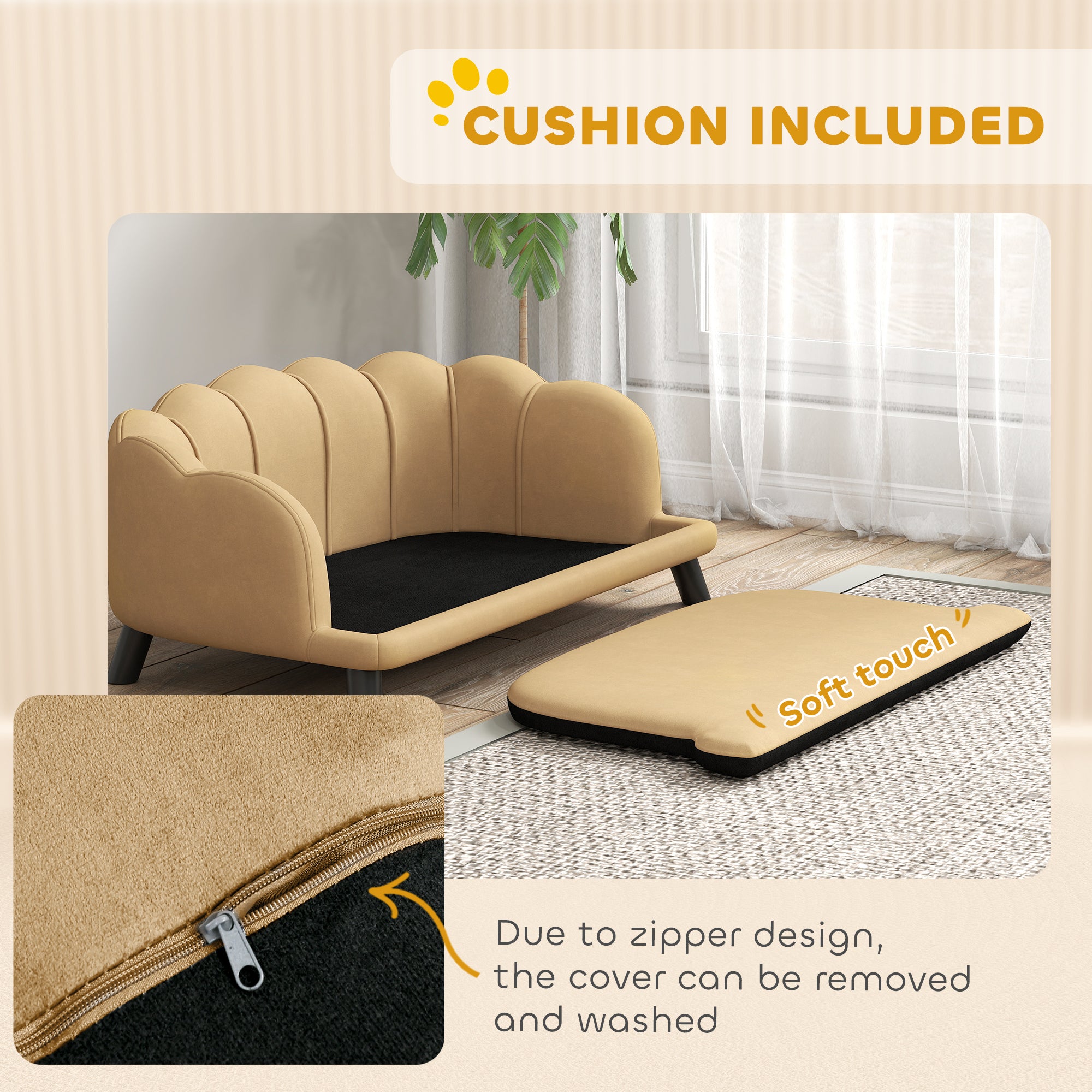 Beige sofa with a cushion included, showing the soft touch material and zipper design.