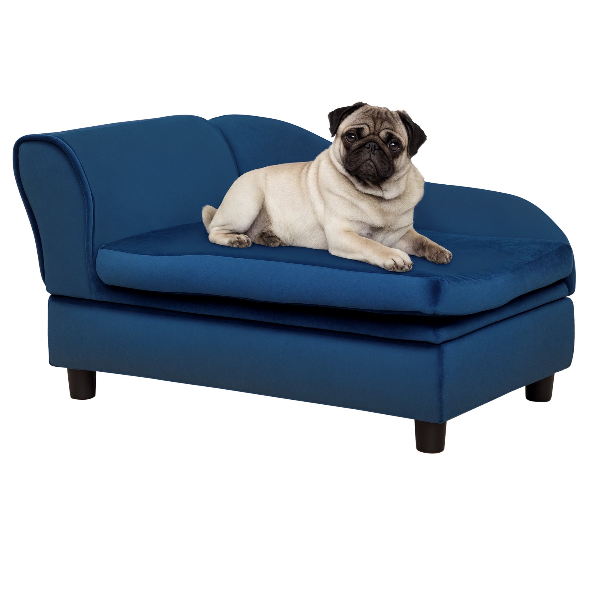 Pug lying on a blue pet sofa against a white background