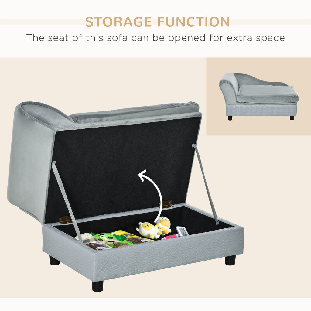 Gray sofa with storage compartment open, showing extra space, on a beige background.