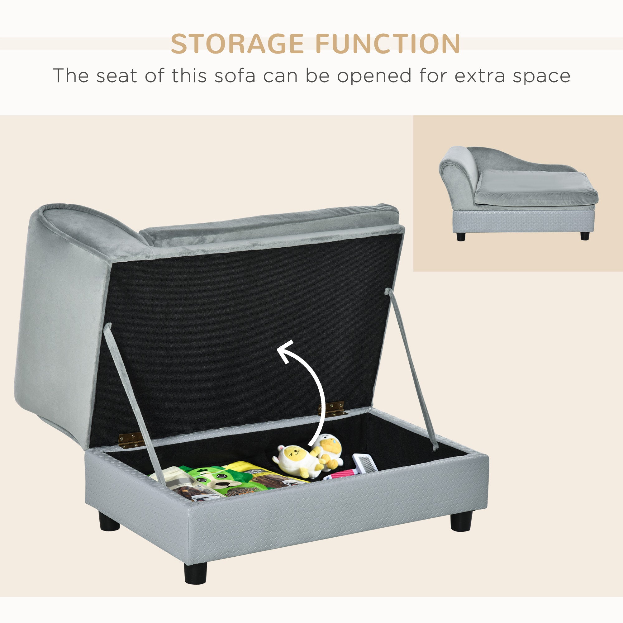 Gray sofa with storage compartment open, showing extra space, on a beige background.