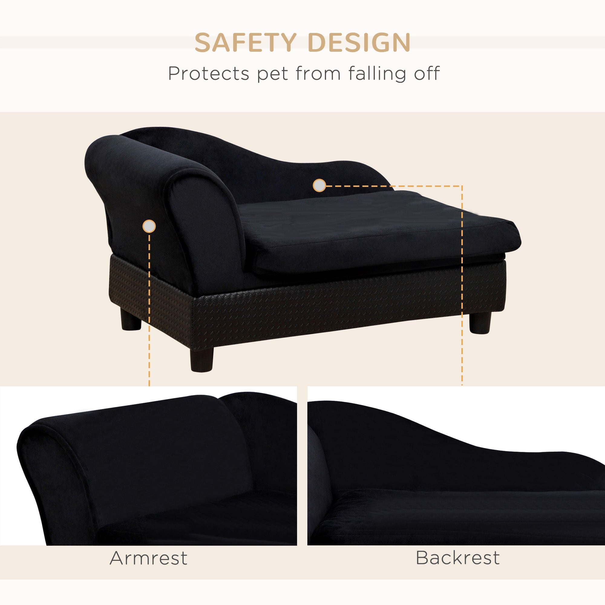 Black pet bed with safety design features on a beige background