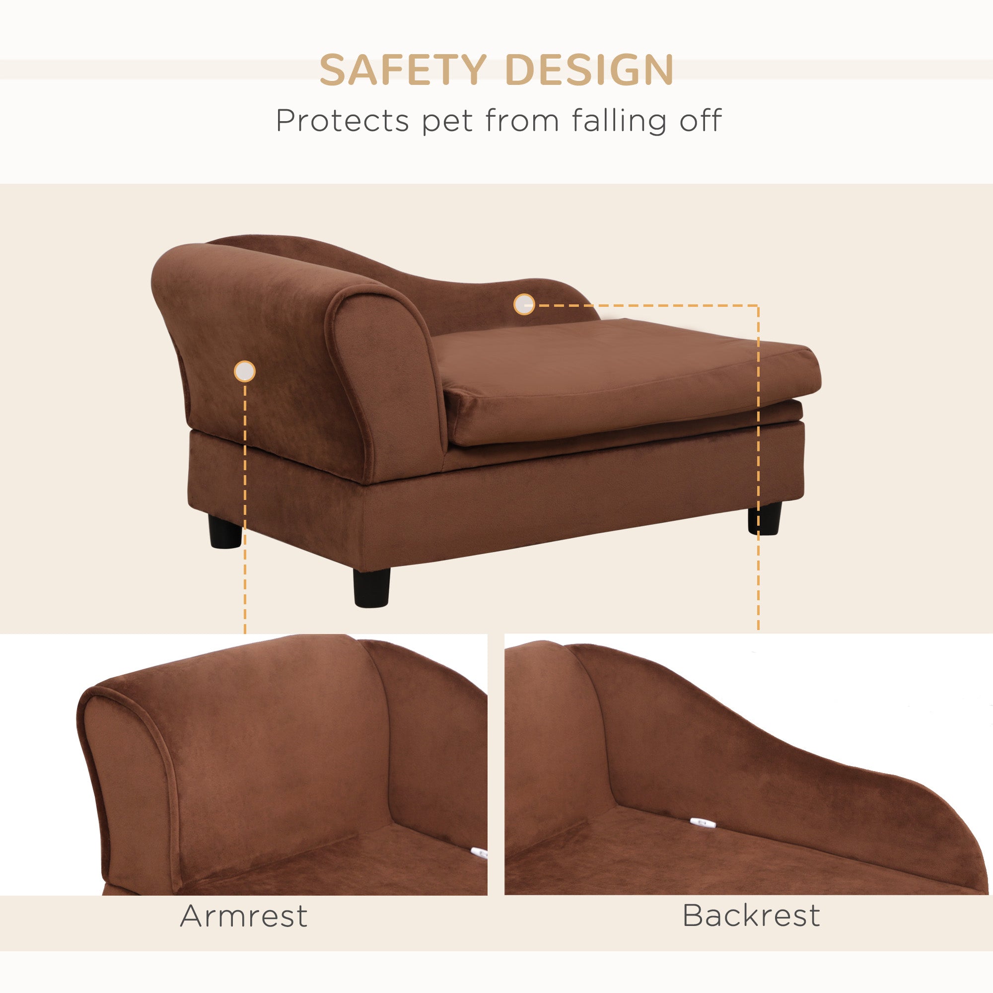 Brown pet bed with safety design features on a beige background