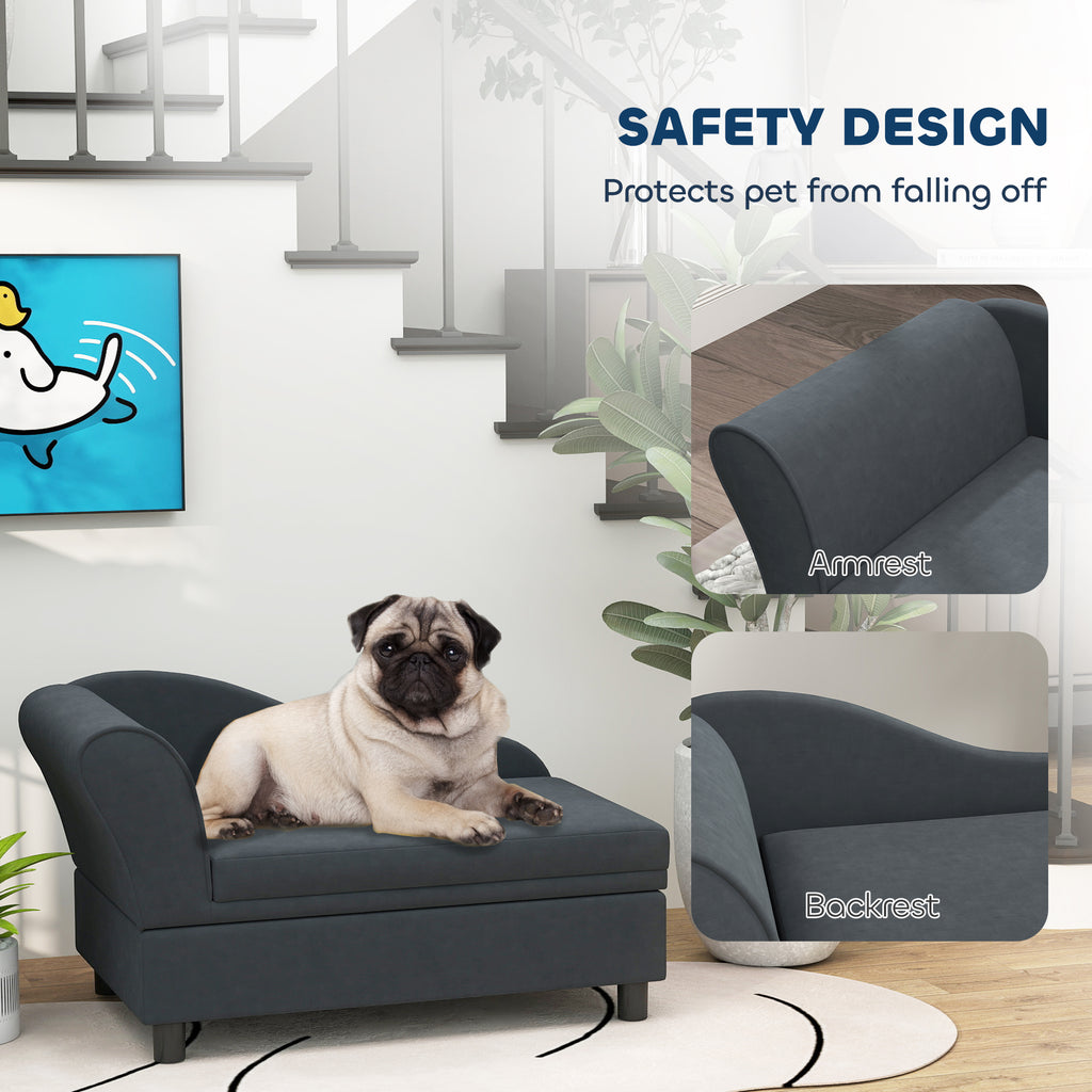 pug on grey pet bed in room showing close up of backrest and armrest