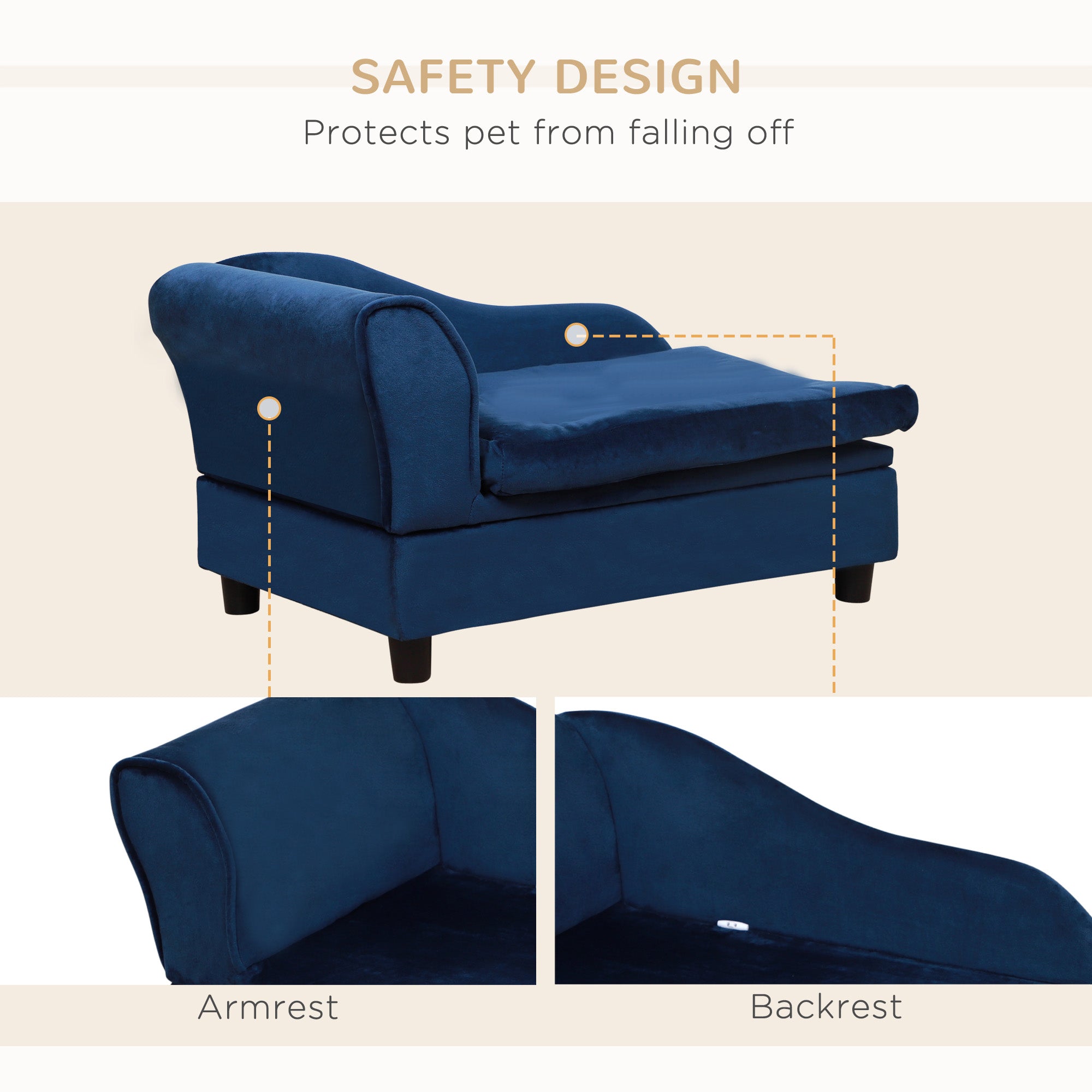 Blue pet bed with safety design features on a beige background