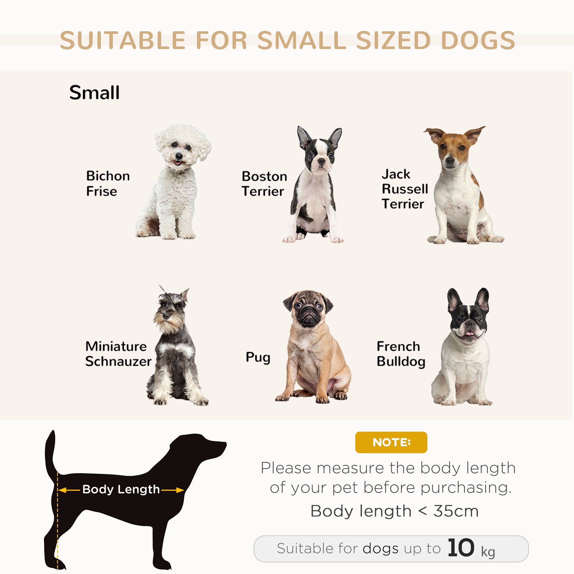 Chart showing suitable small-sized dogs with images and a note on body length measurement.
