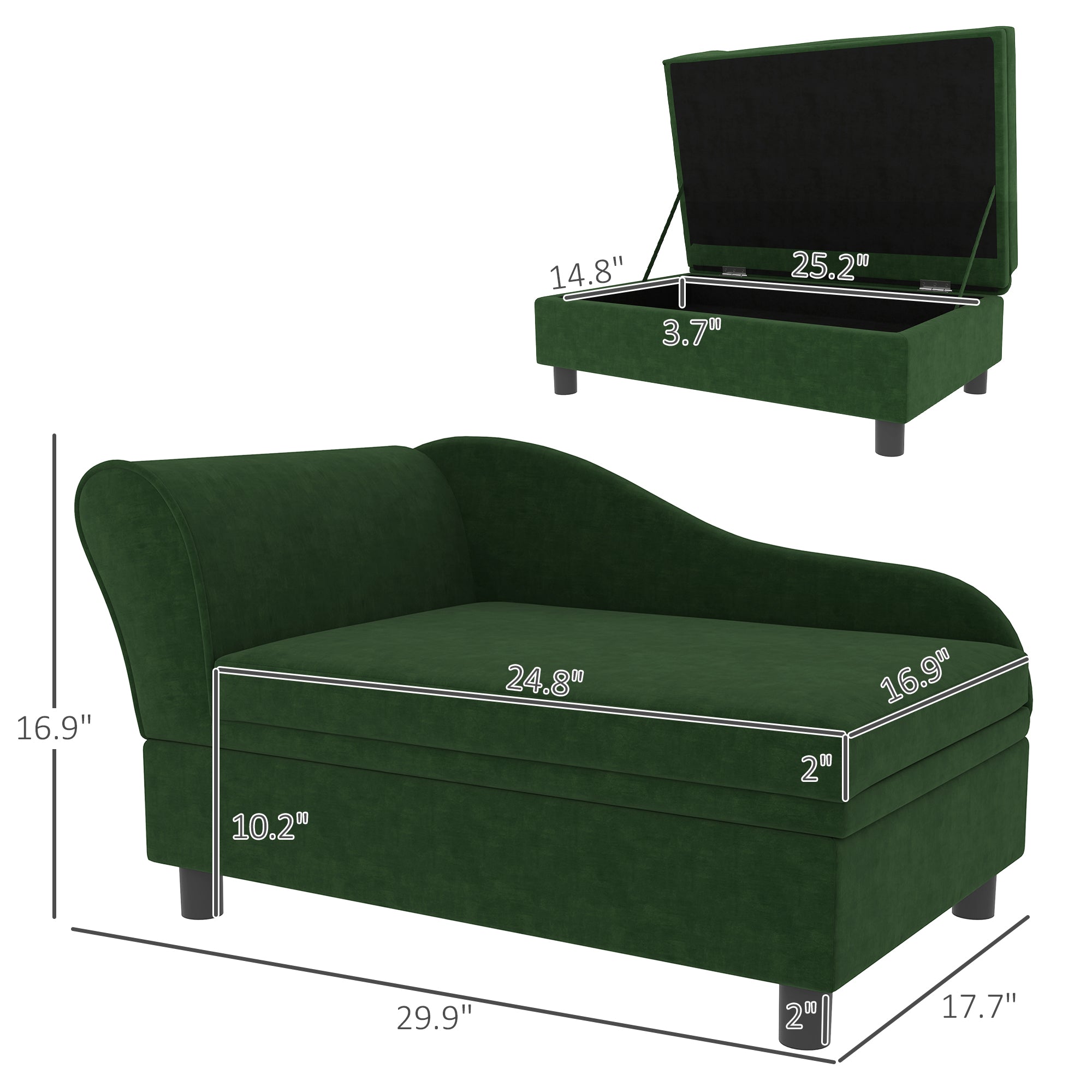 Green chaise lounge with storage dimensions labeled on a white background