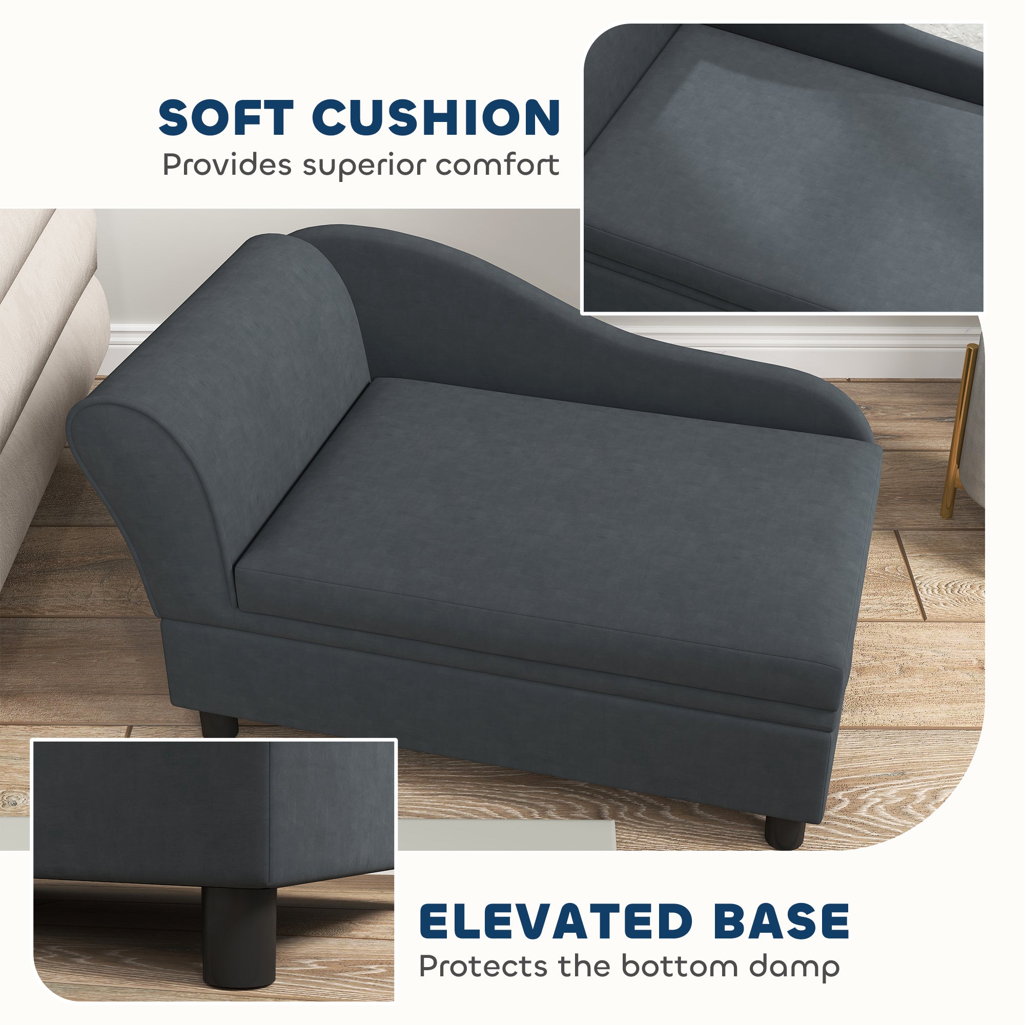 Gray sofa with soft cushion and elevated base features on a wooden floor.