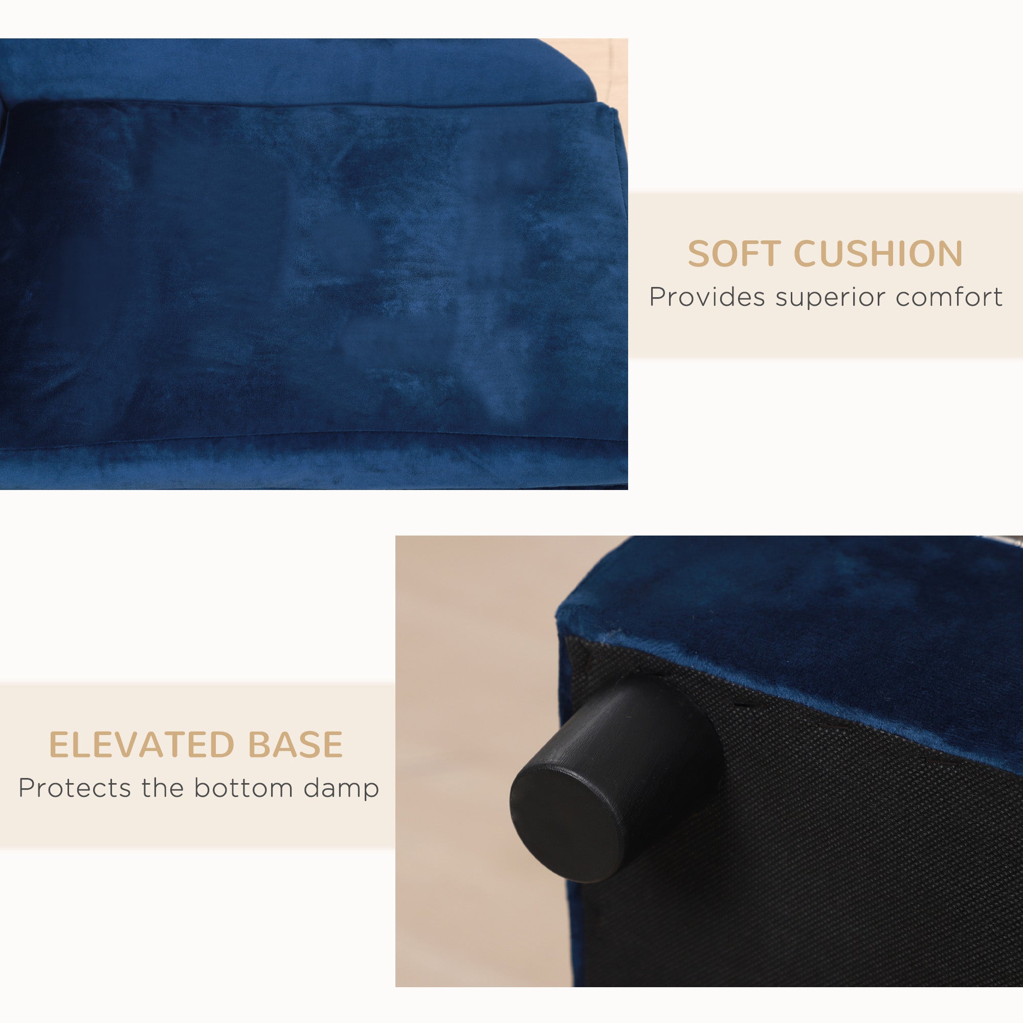 Blue mattress with soft cushion and elevated base features on a beige background