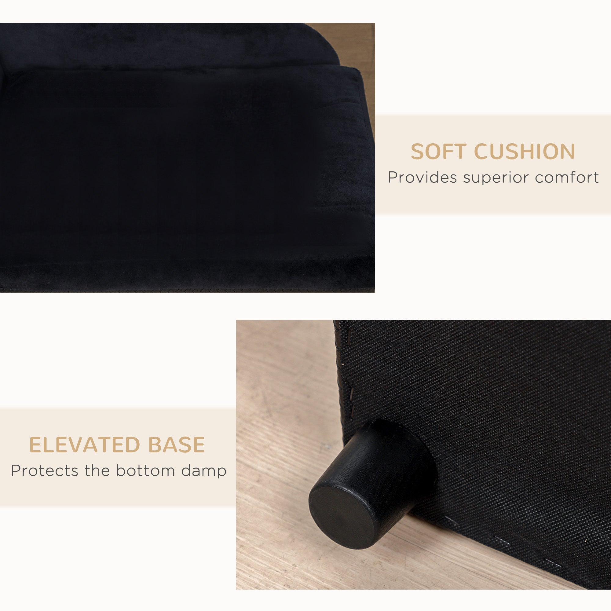 Black cushion with soft cushioning and elevated base features on a white background