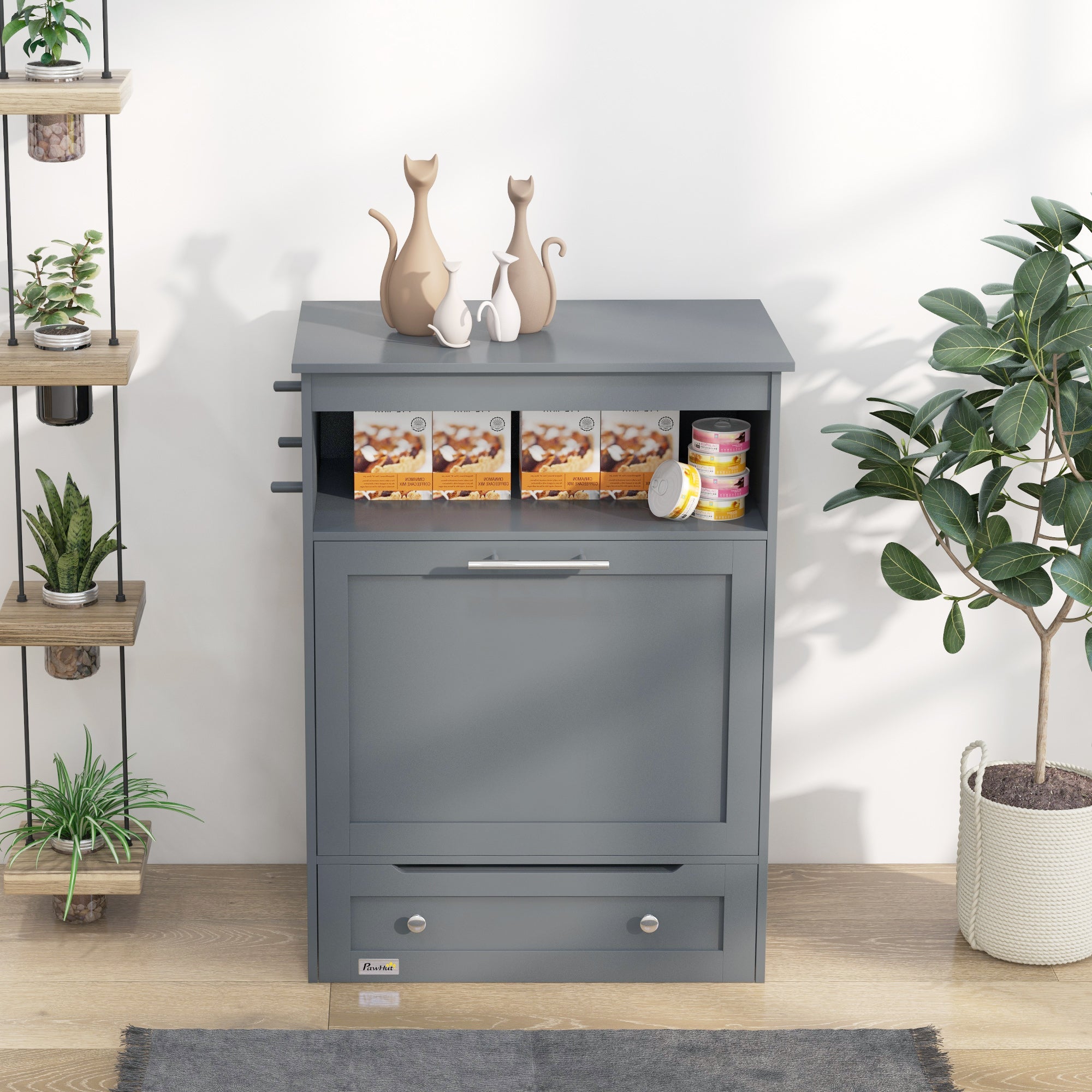 Gray storage cabinet with decorative items and plants in a room setting