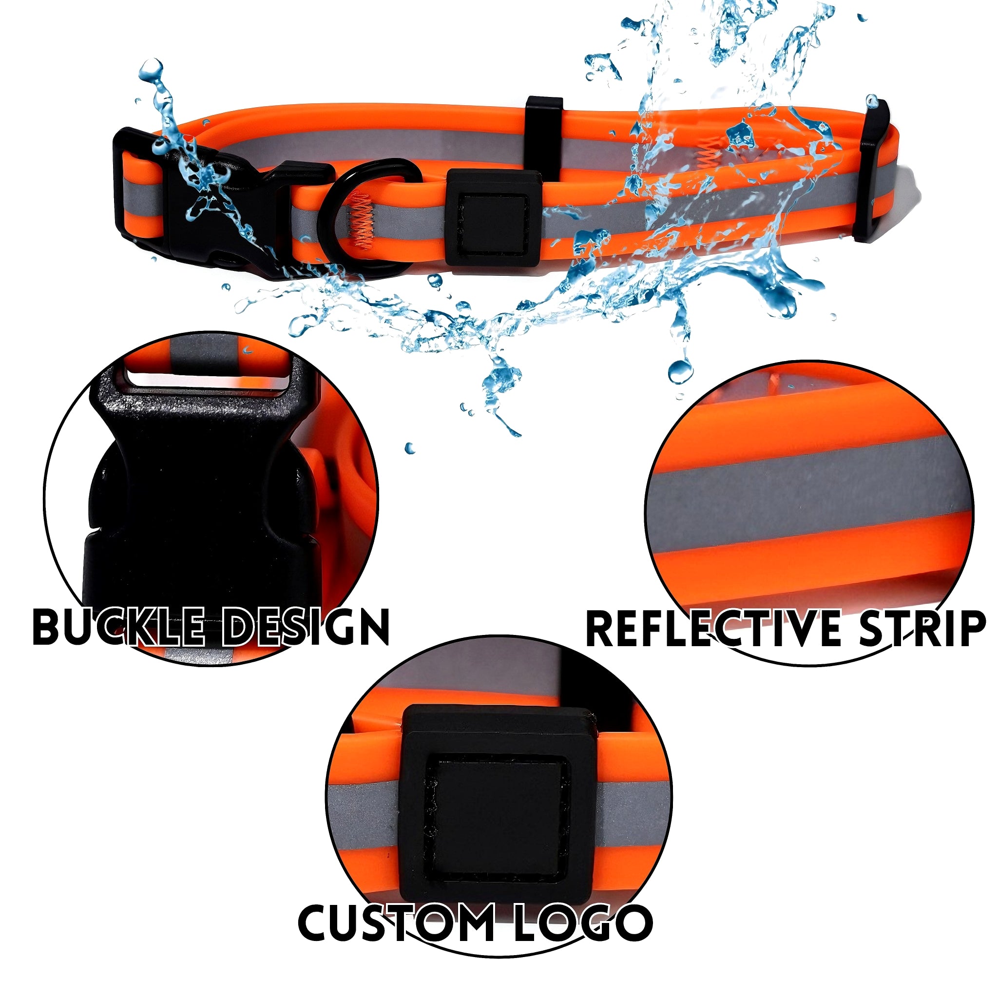 Orange and gray dog collar with reflective strip and buckle design, water splashes around it.