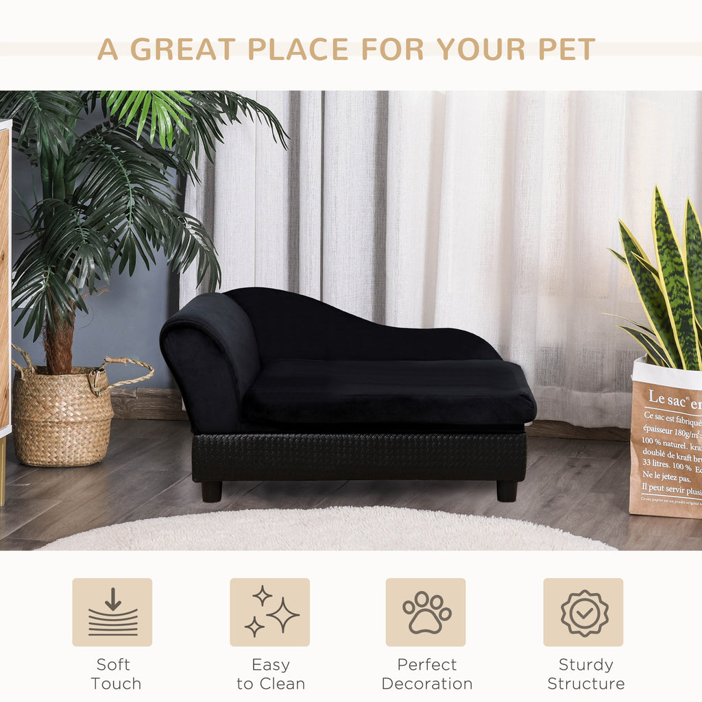 Black pet bed in a room with plants and curtains, featuring text 'A Great Place for Your Pet'.