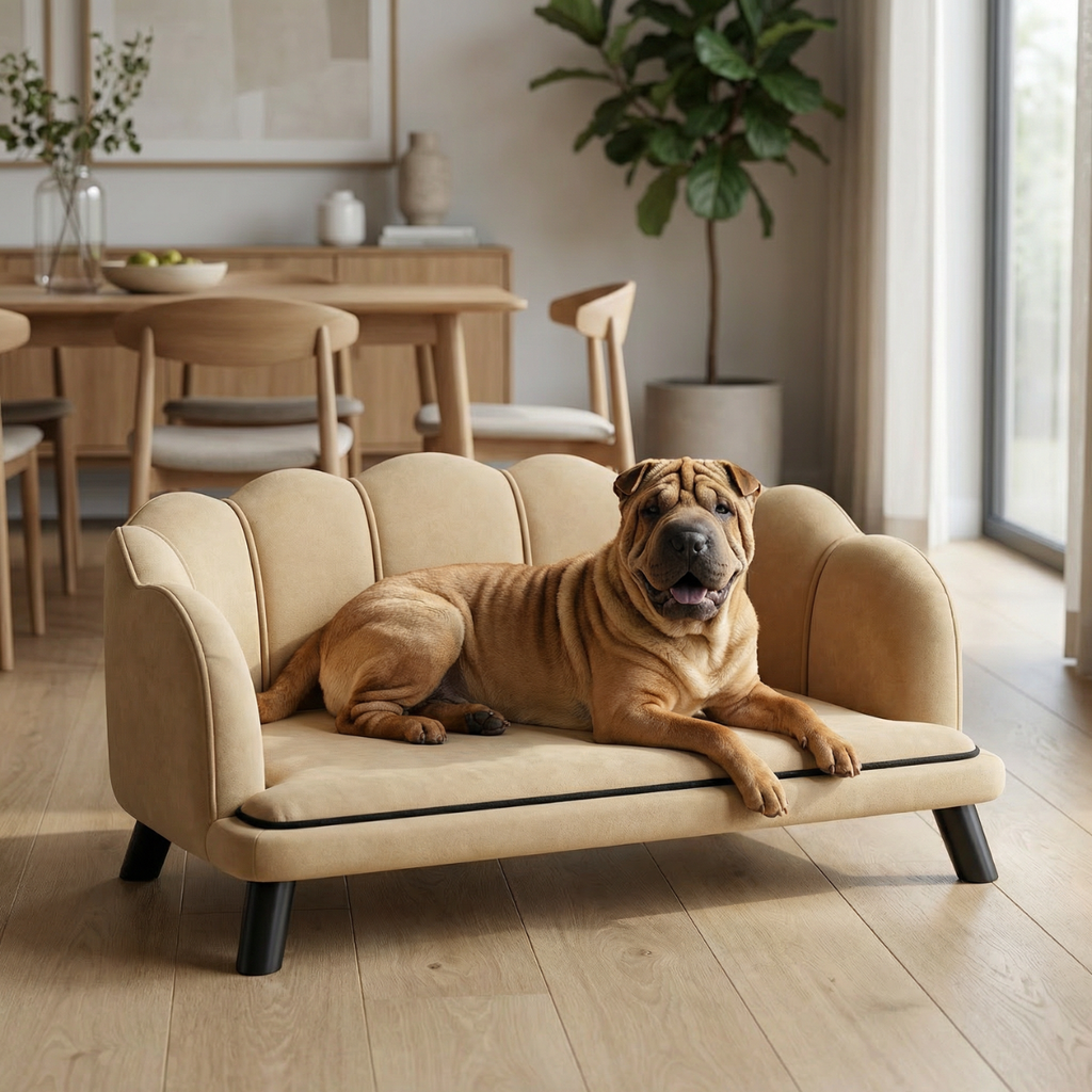 Dog lying on a small beige sofa in a modern living room.