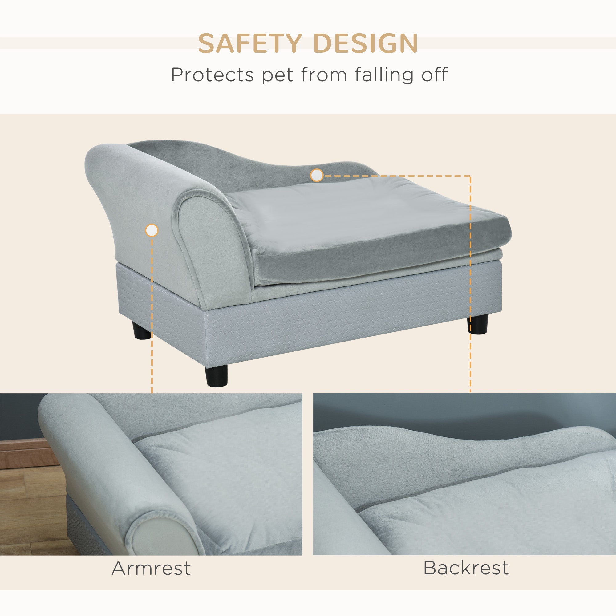Pet bed with safety design features on a beige background