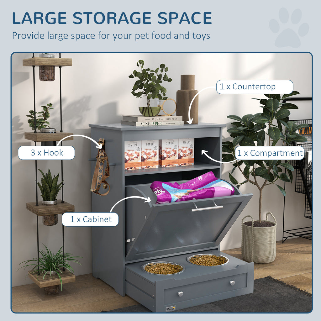 Pet food storage unit with large storage space, hooks, and compartments.