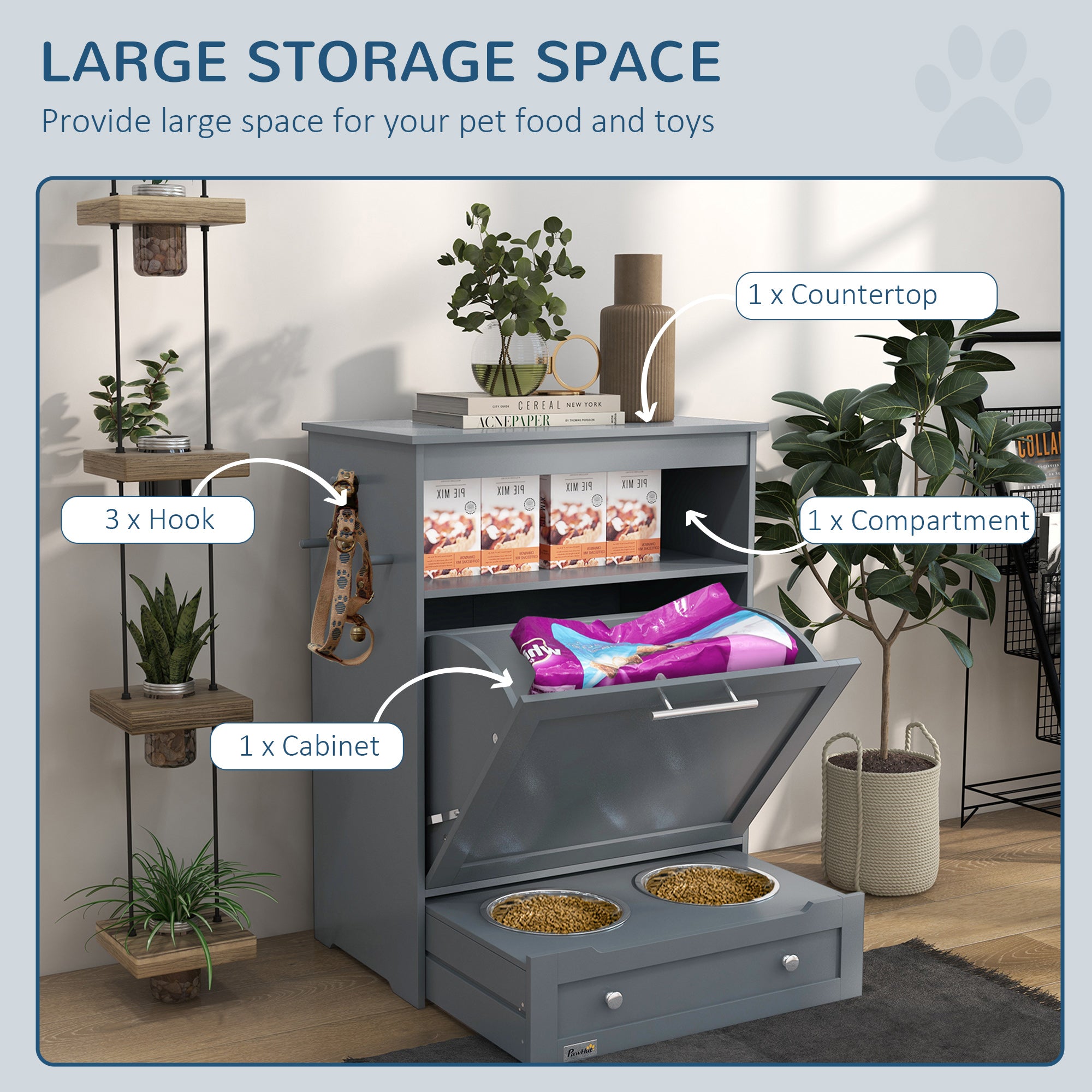 Pet food storage unit with large storage space, hooks, and compartments.