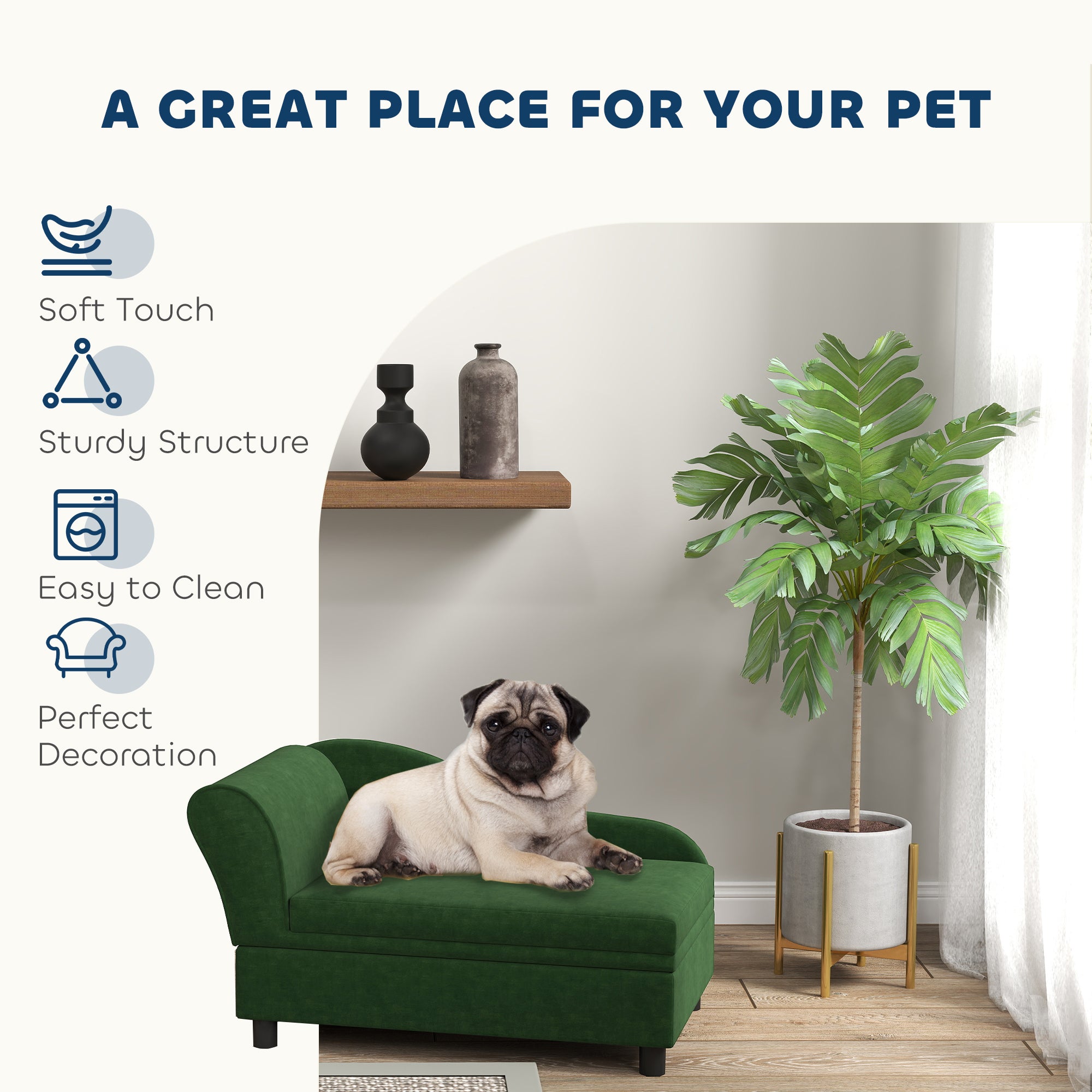 Pug relaxing on green Voyager luxury dog bed and dog sofa with hidden toy storage compartment