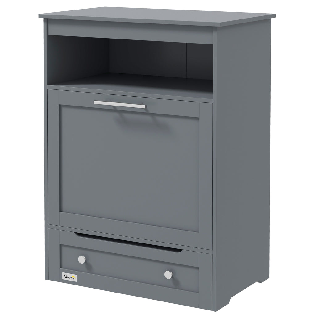 Gray wooden cabinet with a drawer and a small shelf on a white background
