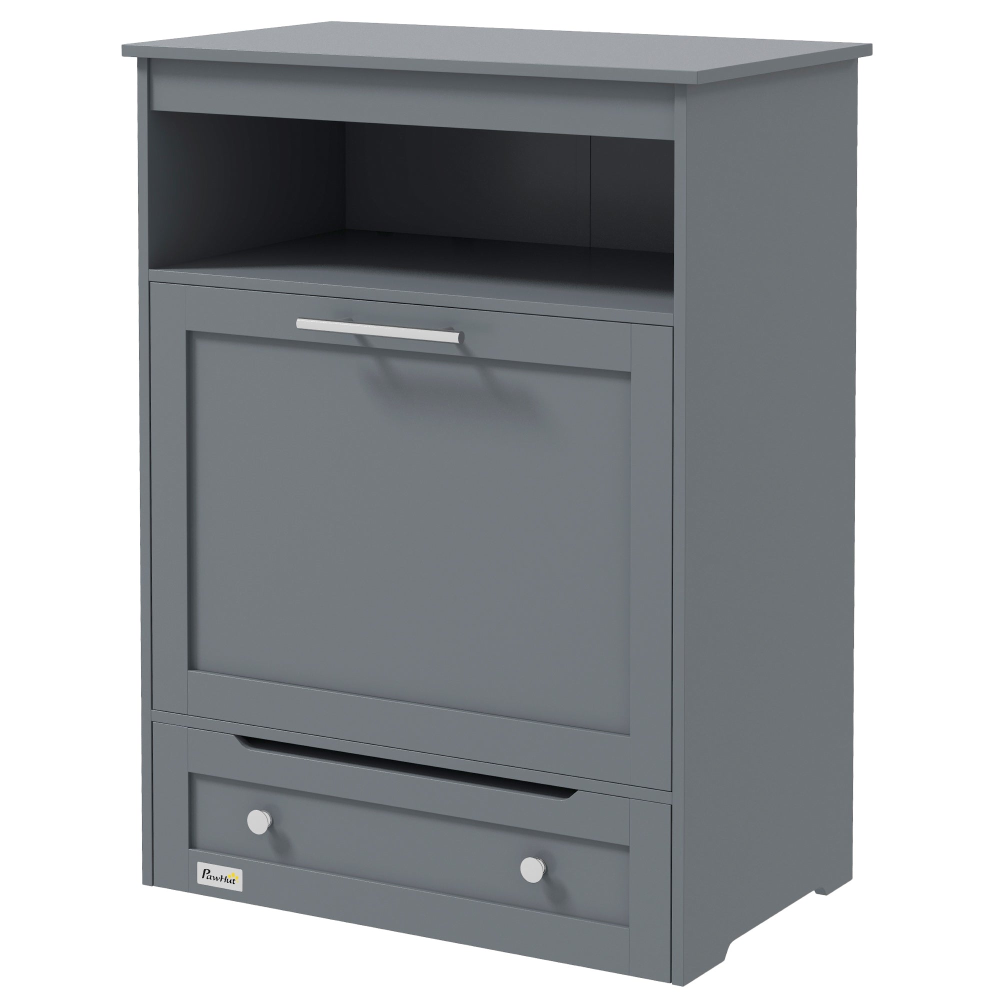 Gray wooden cabinet with a drawer and a small shelf on a white background