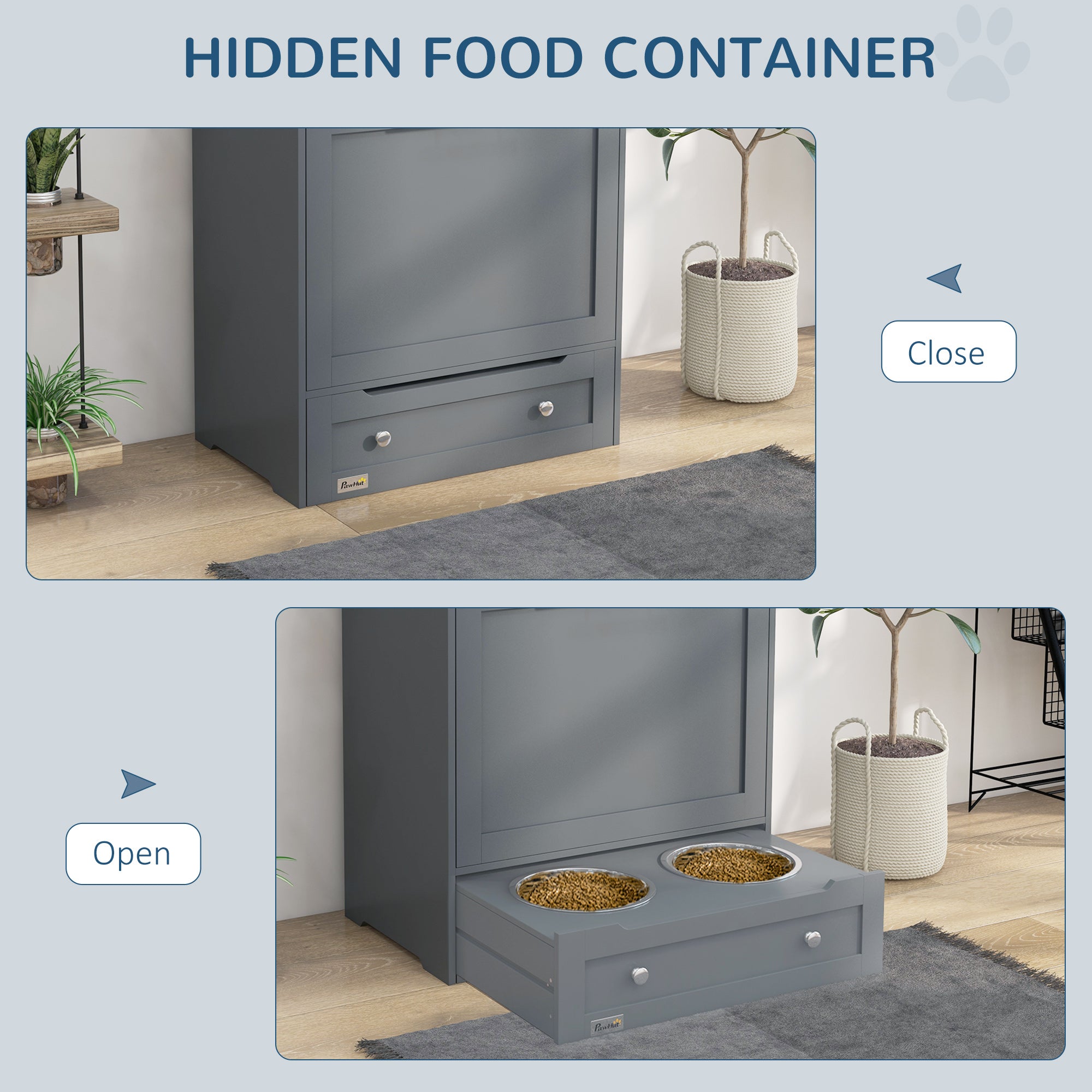 Hidden food container disguised as a cabinet with two bowls of food inside.