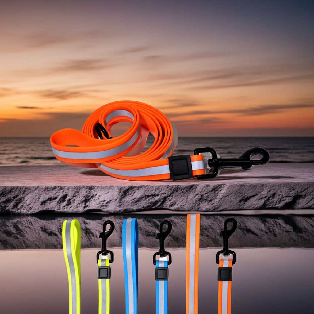 Orange reflective dog leash with multiple colors on a stone surface with a sunset background