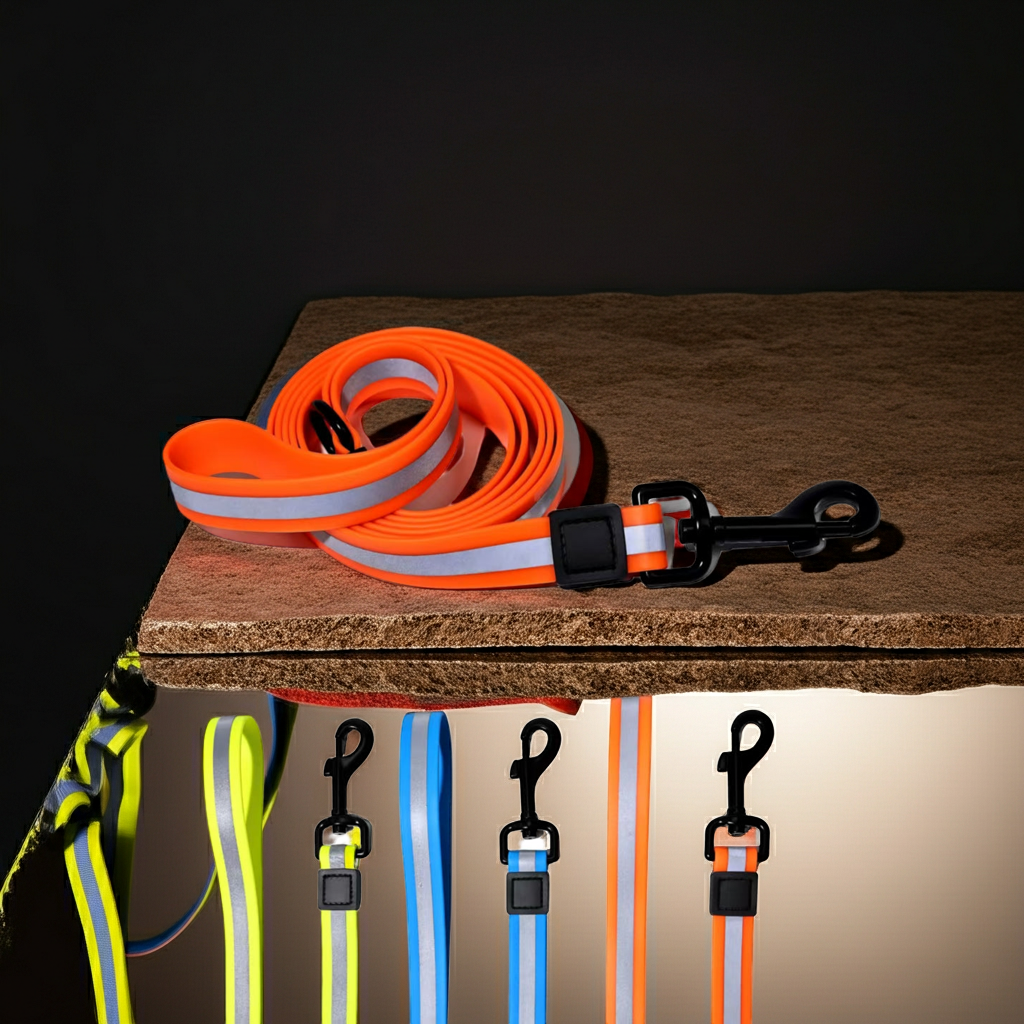 Set of dog leashes with reflective stripes on a wooden block against a dark background.