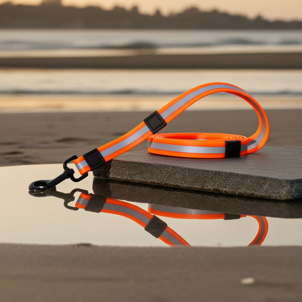 Orange dog leash with reflective stripes on a wooden surface near water