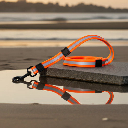Orange dog leash with reflective stripes on a wooden surface near water
