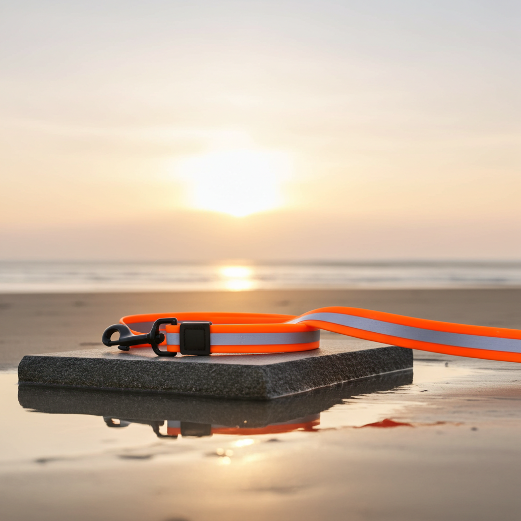 Orange dog leash with reflective strip on a black platform against a sunset beach background