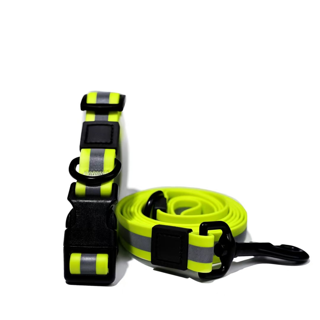 Reflective dog collar and leash set on a white background